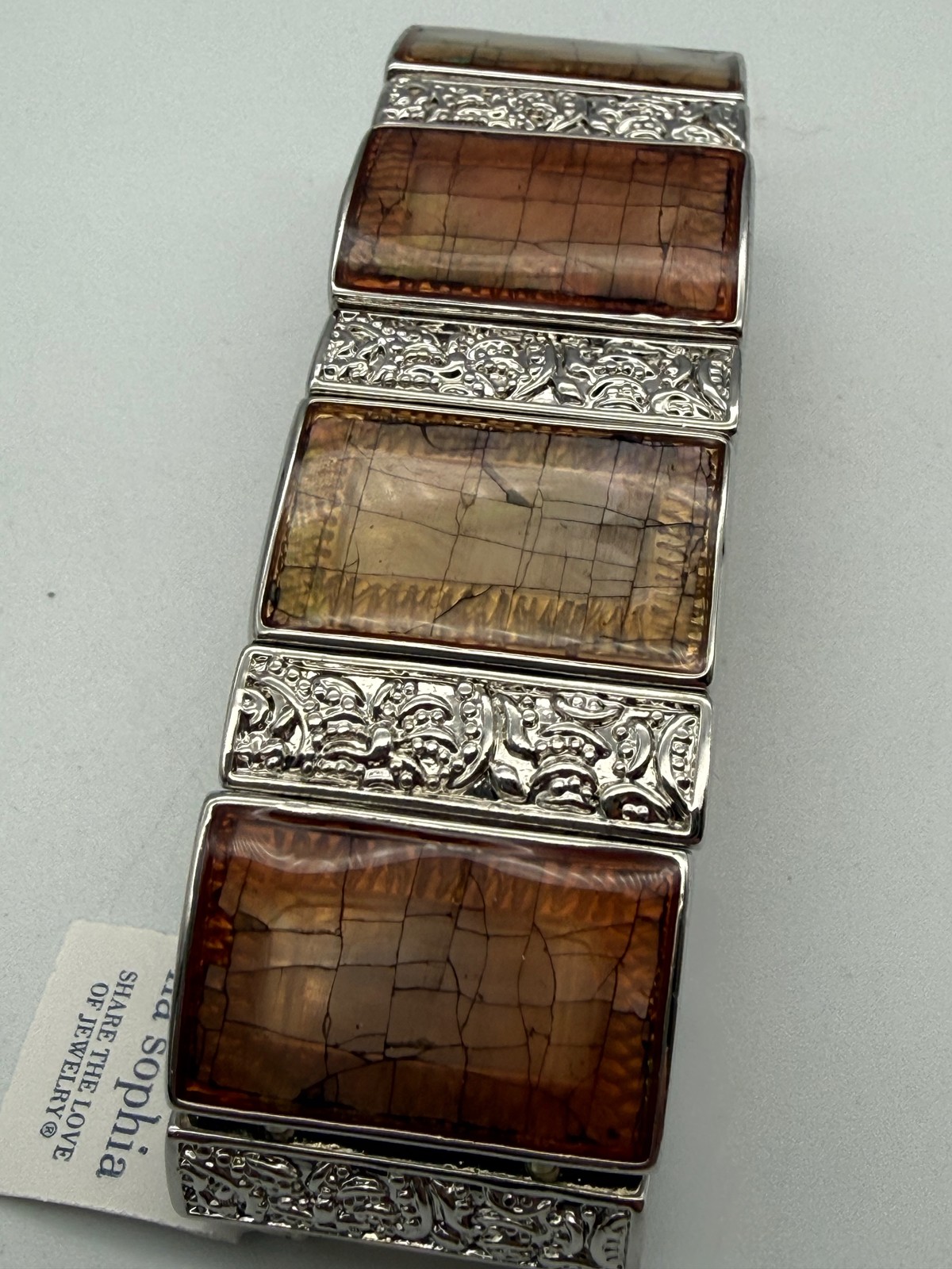 Lia Sophia Wide Stretch Cuff Bracelet Orange Brown Stones Silver Tone NWT