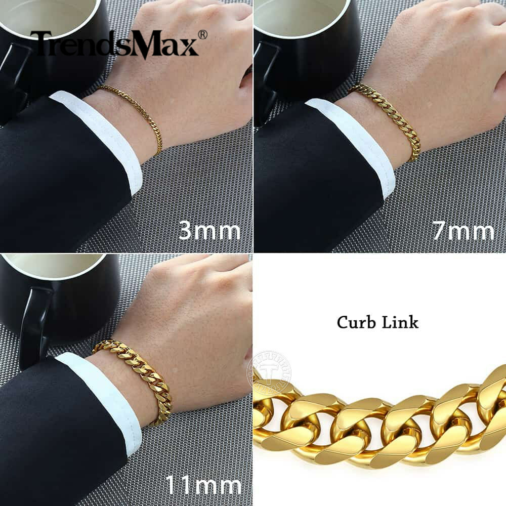 3/5/7/9/11mm Men’s Gold Plated Stainless Steel Bracelet Curb Cuban Link Chain