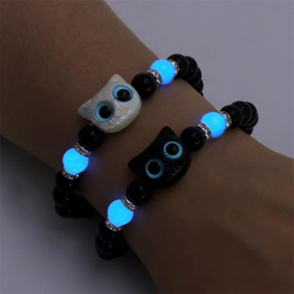 White Luminous Beads Fashion Couple Bracelets Matching Charm for Women Men Cat