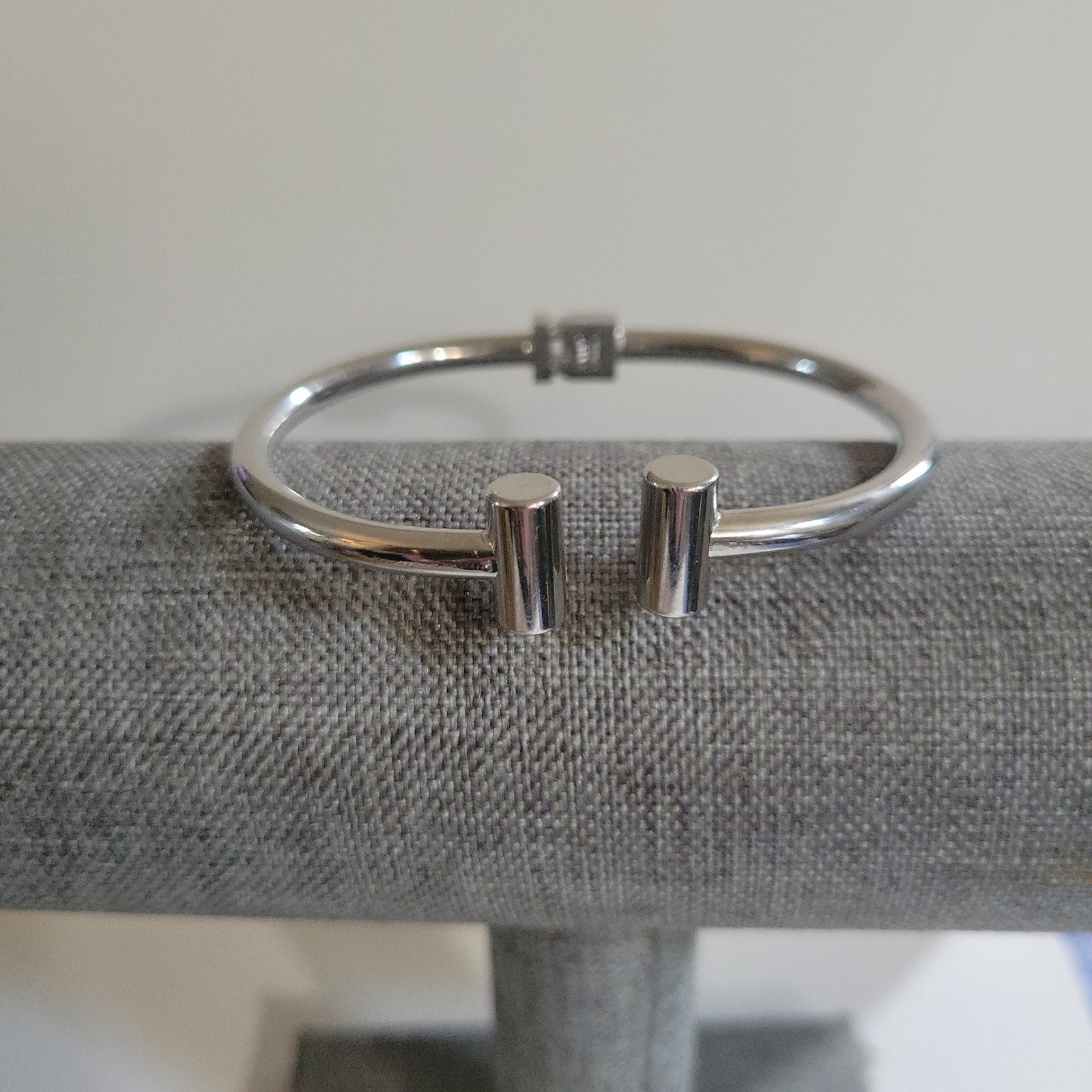 Silver Tone Hinged Open Cuff Bangle Bracelet Minimalist Geometric One Size Sleek