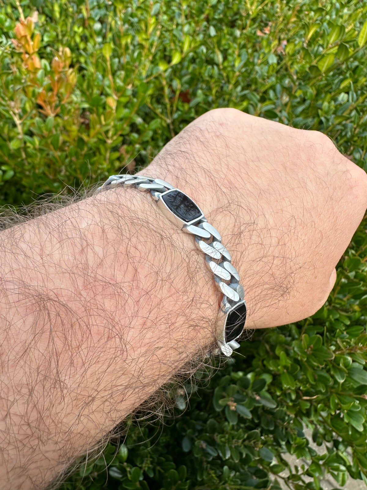 Real Mens Miami Cuban Link Bracelet W. Black Onyx Gemstone 925 Sterling Silver