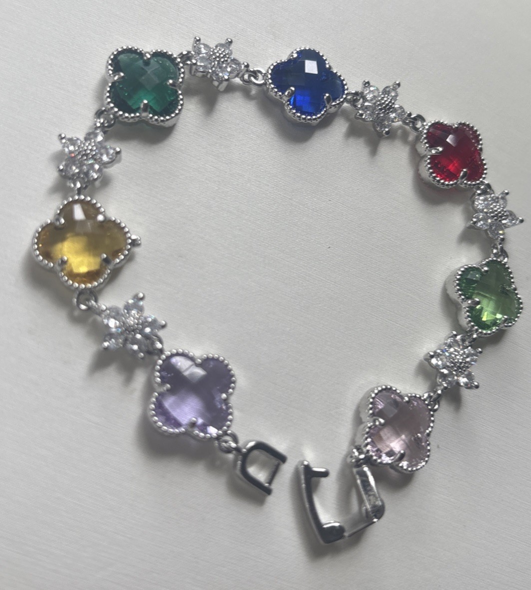 Multi Colored Crystal Gems Bracelet SZ 6.5 Green, Red, Yellow, Purple, Pink