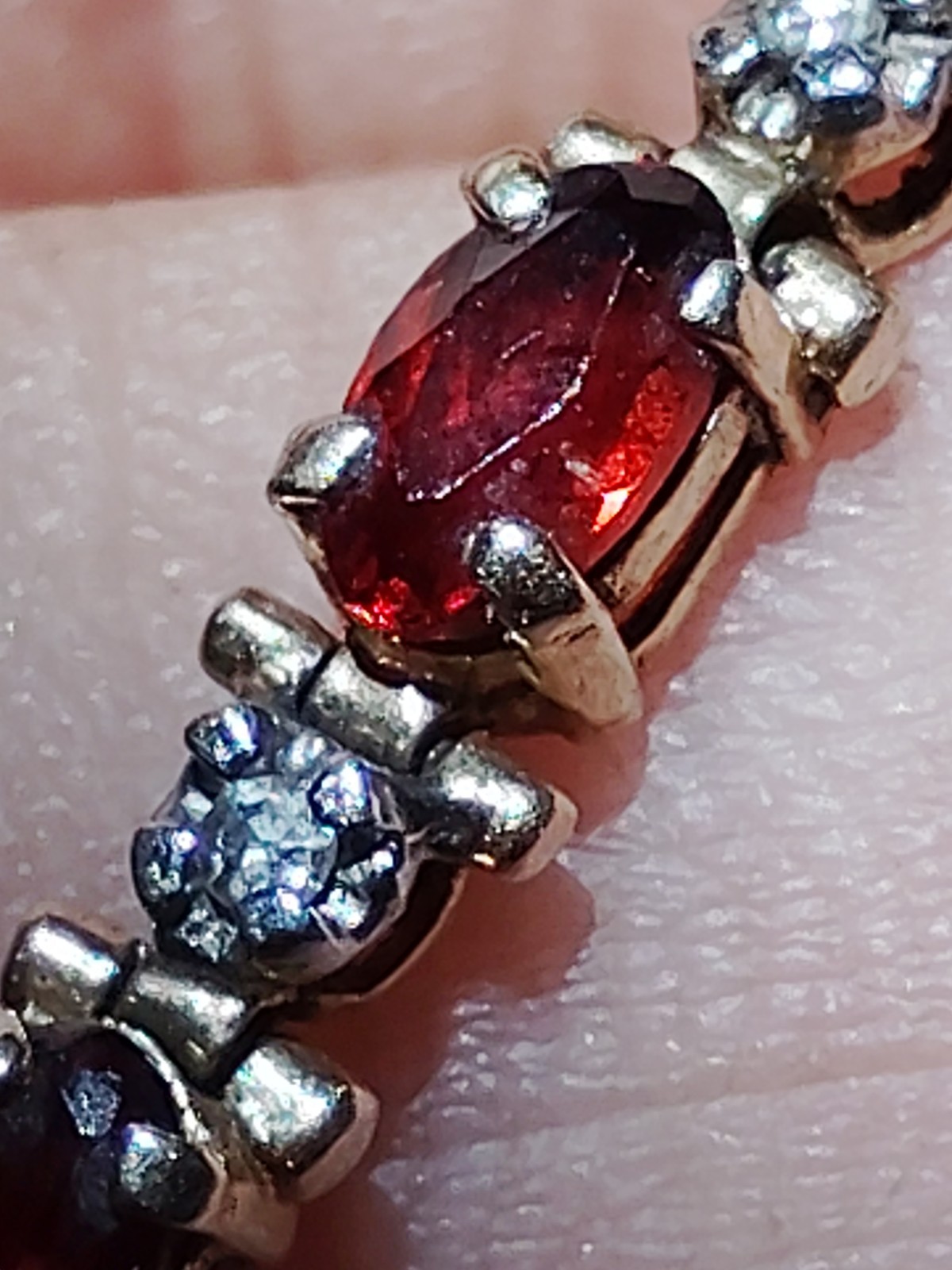 Vintage 10k Chevron link tennis bracelet Garnet gemstones and Diamond accents
