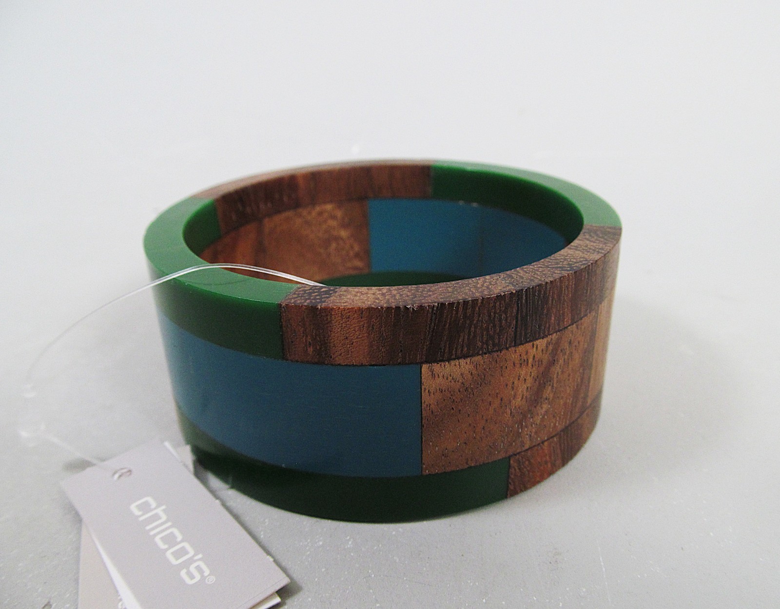 Chico’s Wide Blue Green Wood Bangle Bracelet Ethnic Natural Boho Chunky New NWT