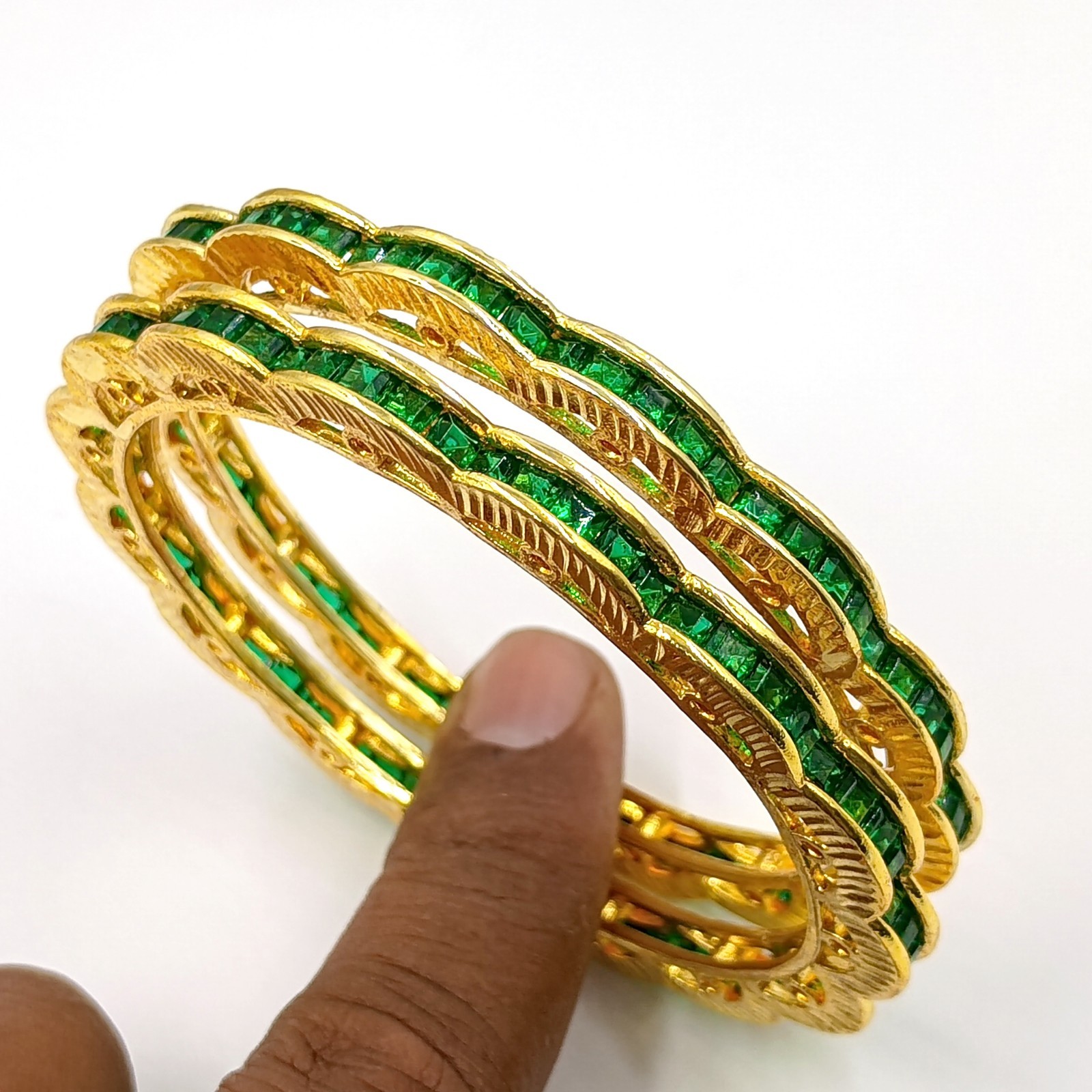 Handcrafted 22K Gold Over Brass Emerald Bangles Set Women Vintage Style Bracelet