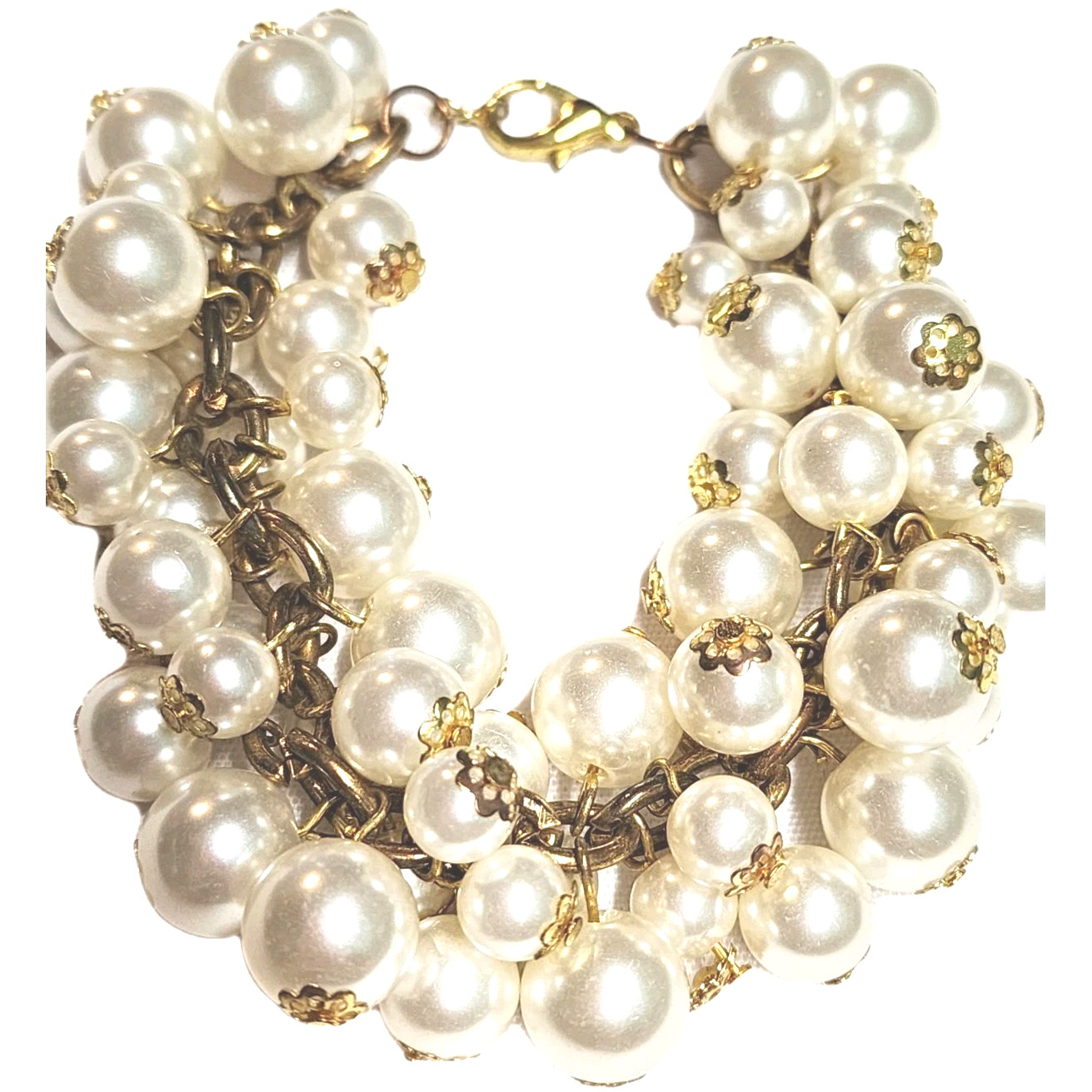 Chunky White Faux Pearl Dangle Cluster Cha-Cha Beaded Charm Cuff Bracelet 8″
