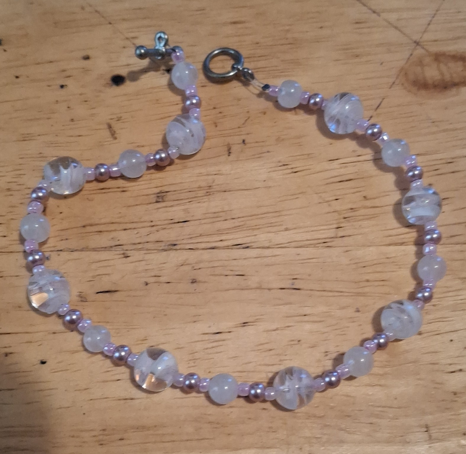 Pink & White Glass Round Bead Beaded Bracelet White Stones Toggle Clasp