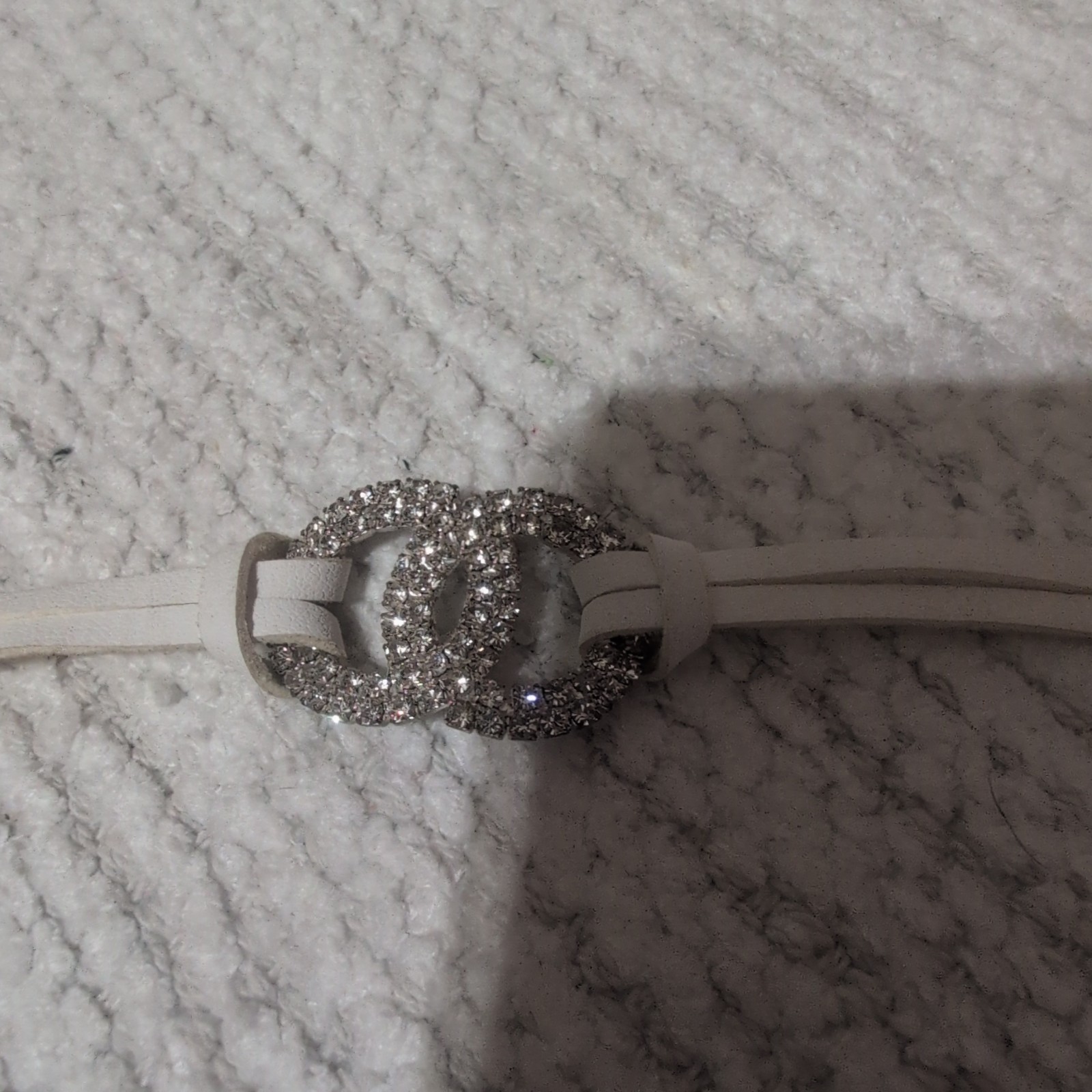 White Faux Leather Silver Cable Chain Bracelet Pave Clear Crystal Buckle