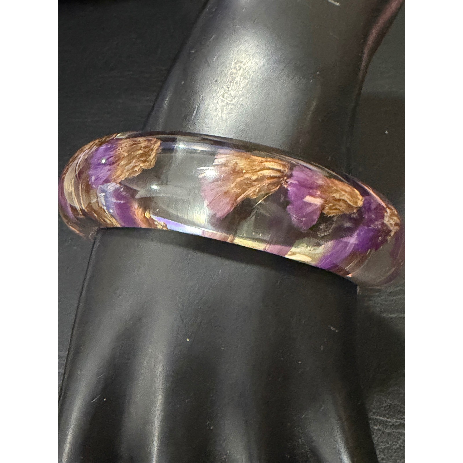 AF Thailand Resin Bangle Purple Golden Brown Real Dried Flower Boho Acrylic 7.5