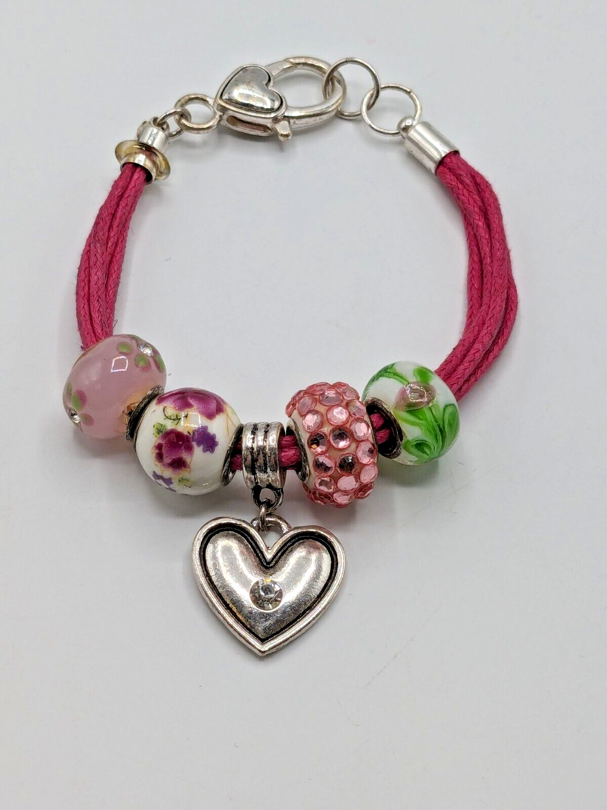 Pink Leather Hear Charm Bracelet Enameled Beads