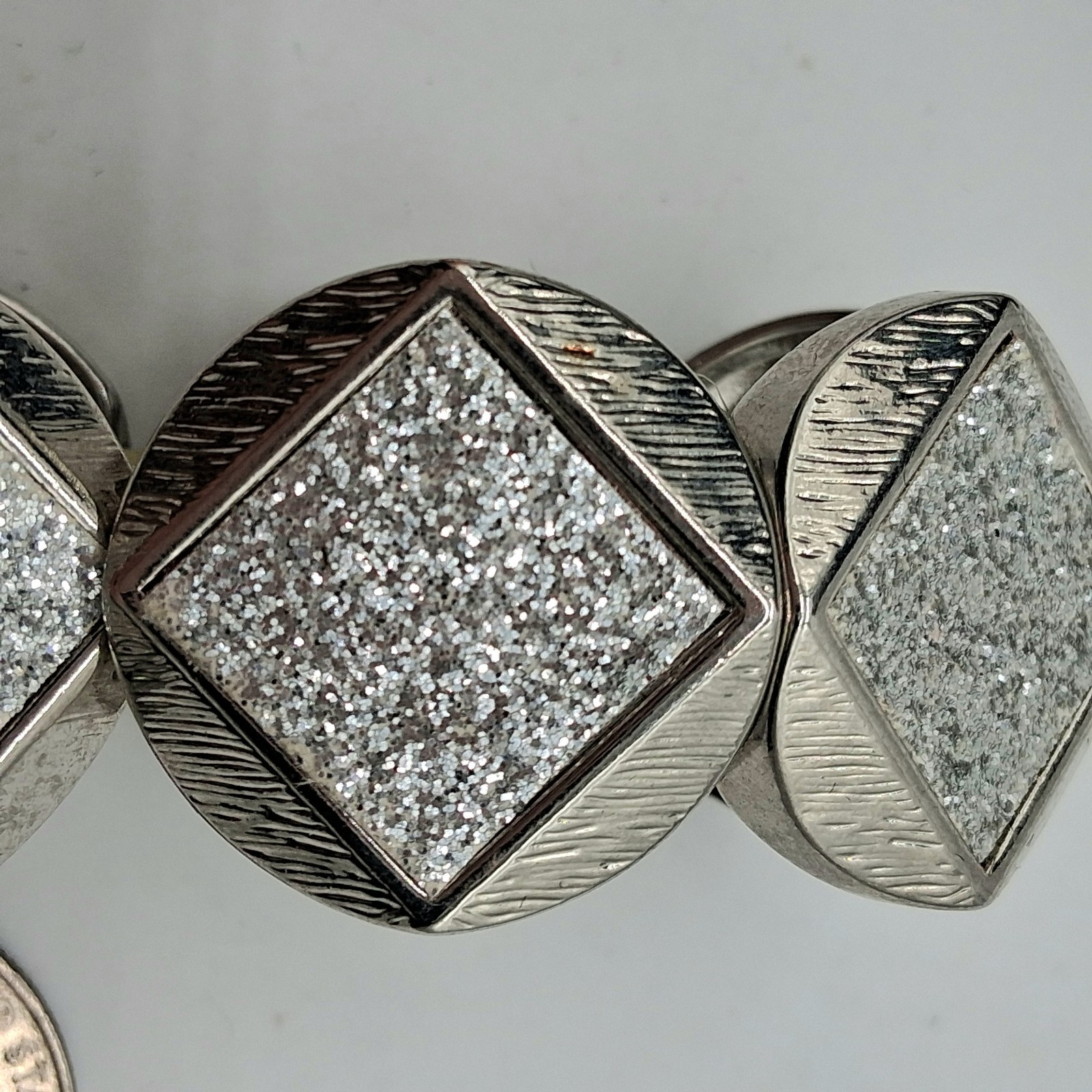 Silvertone Stretch Bracelet Geometric Panels Glitter Embellishments Textured