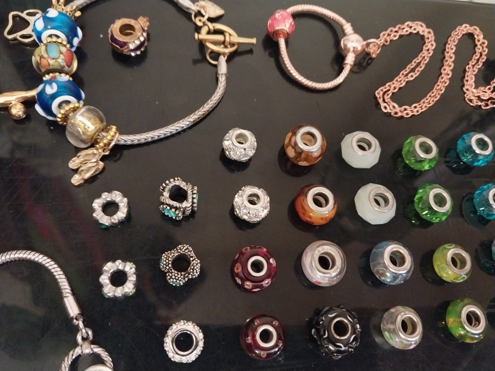Glass Slide Bead Charms and 3 Bracelets Lot of 75 pcs 925 Murano & Dangle Charms