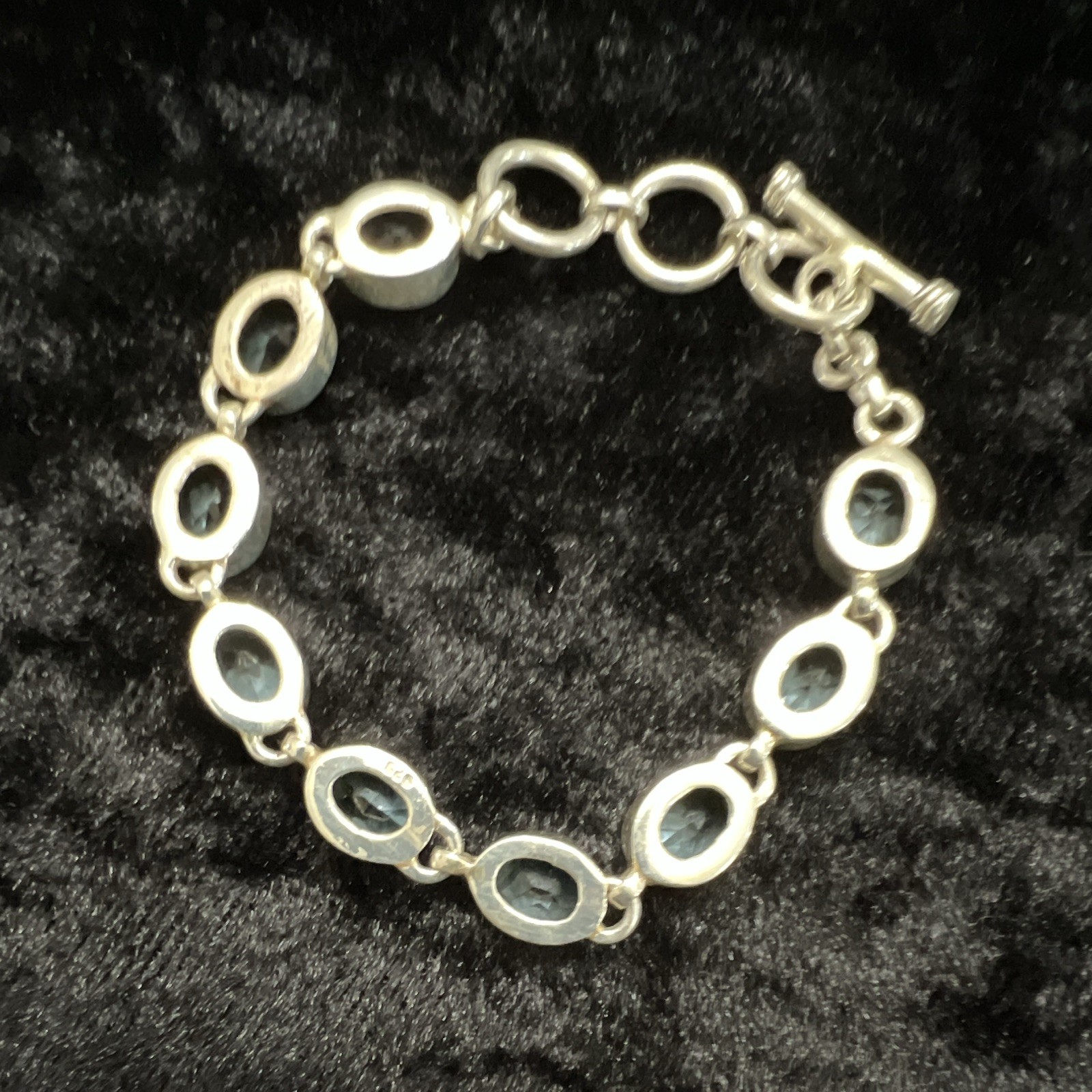 Sterling Silver Tone Tennis Oval Link Bracelet Blue Oval Topaz Toggle Adjustable