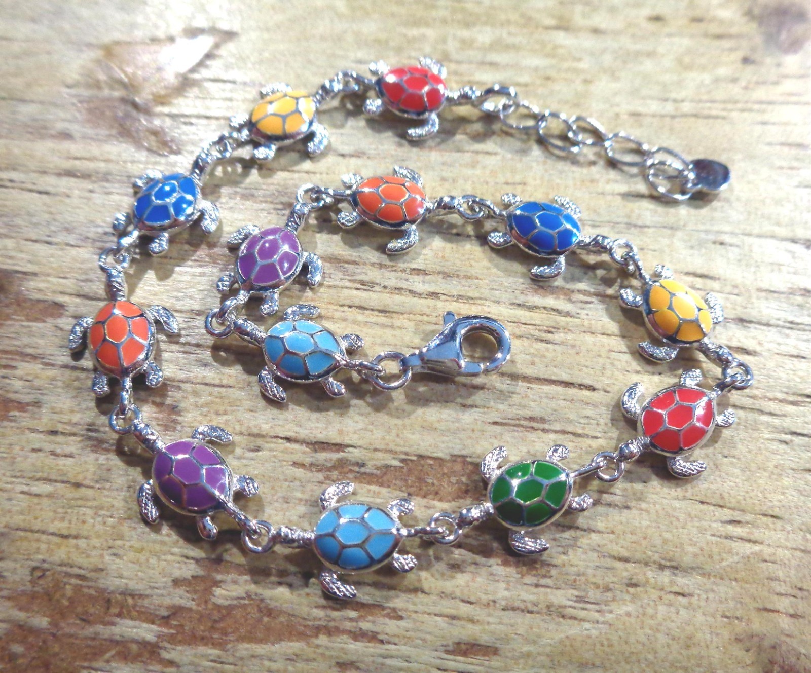 8.5MM RHODIUM 925 STER SILVER INLAID MIXED ENAMEL HAWAIIAN HONU TURTLE BRACELET