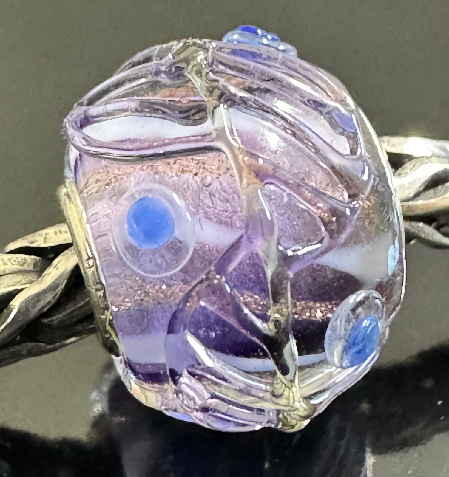 Trollbeads Sterling silver PURPLE BASE SPARKLY TEXTURED MINI BARREL