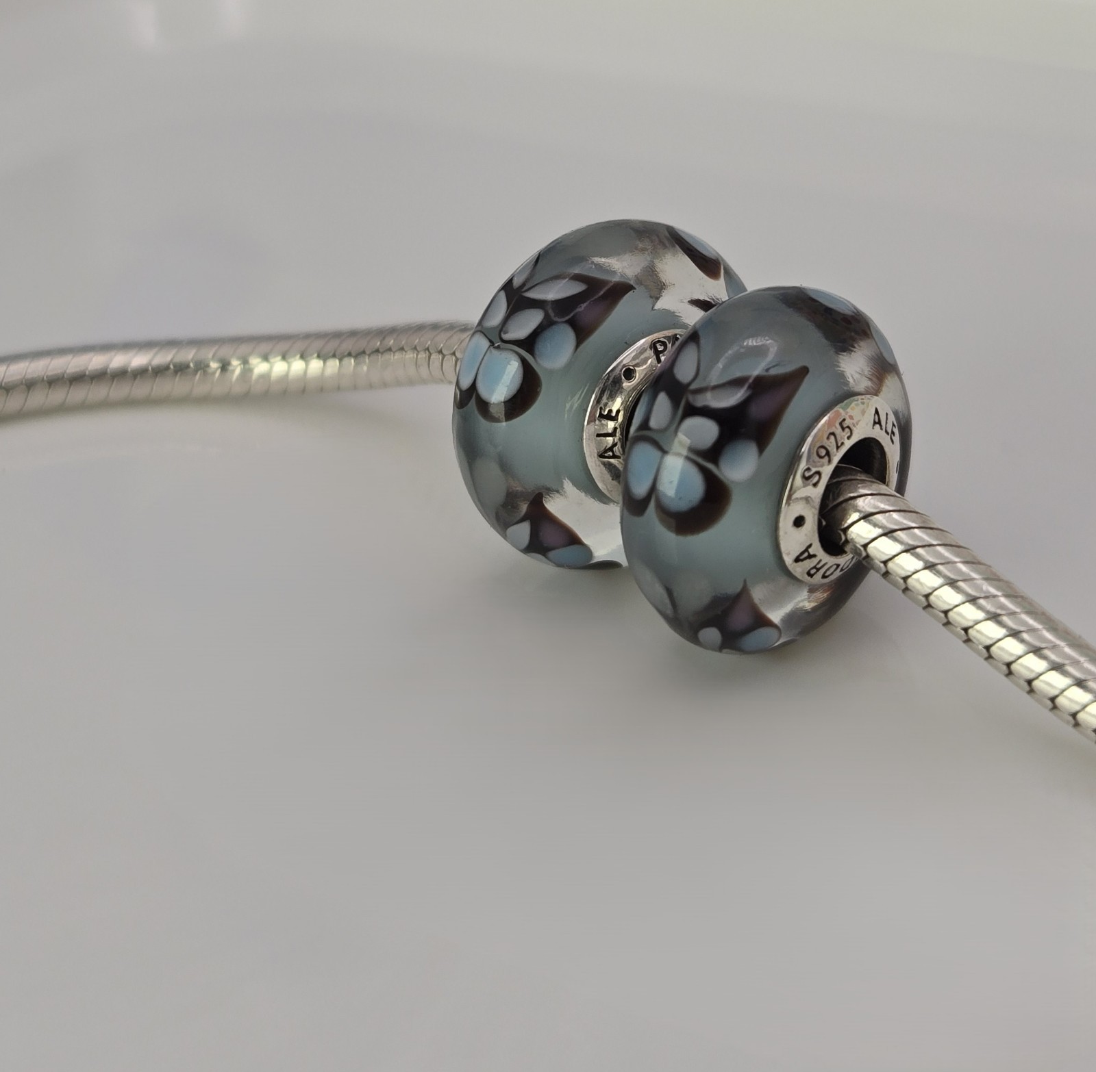 Authentic Pandora Pair of Blue Butterfly Kisses bug Charms Murano Glass