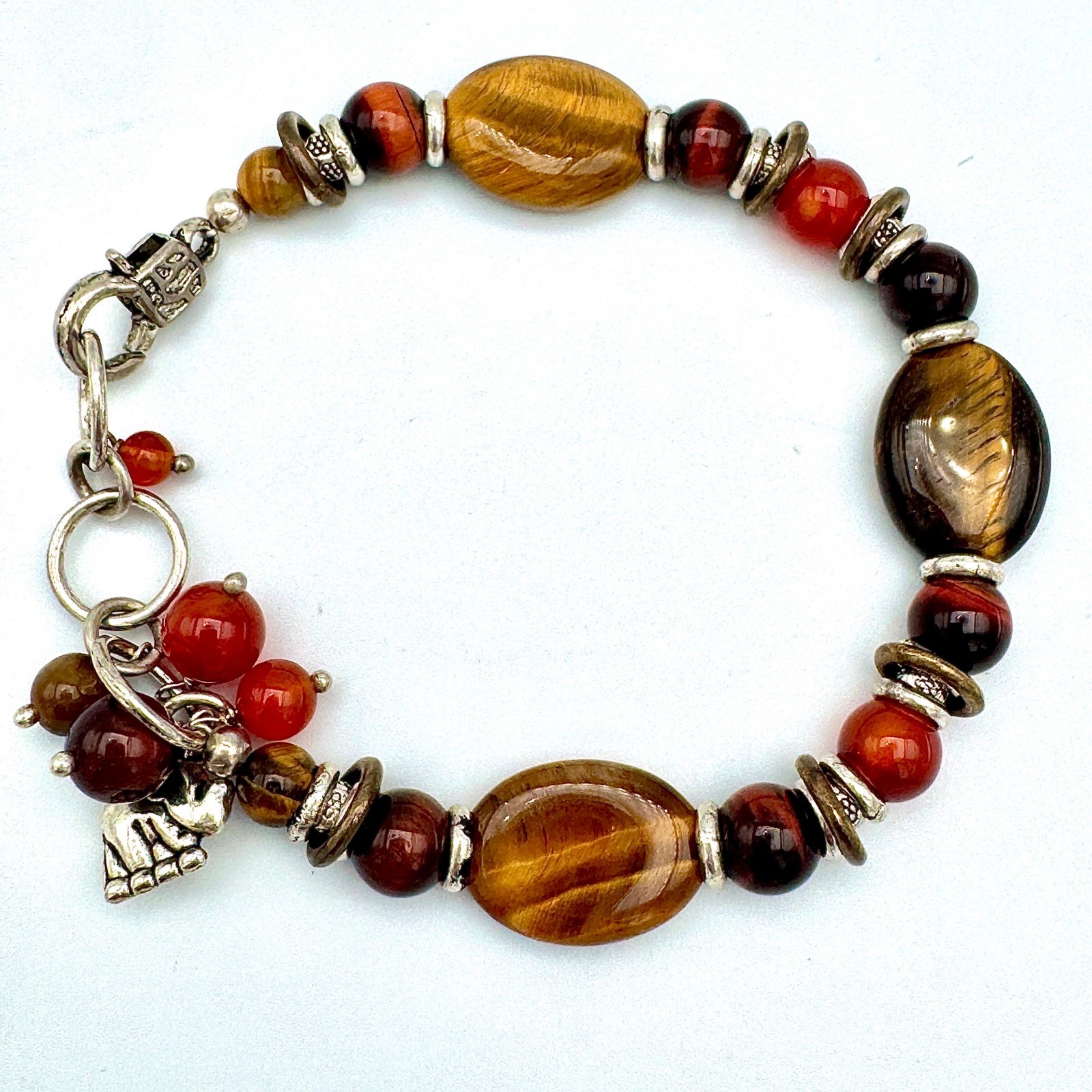 Tigers Eye Carnelian Beaded Elephant Charm Bracelet Brown Orange Silver Tone