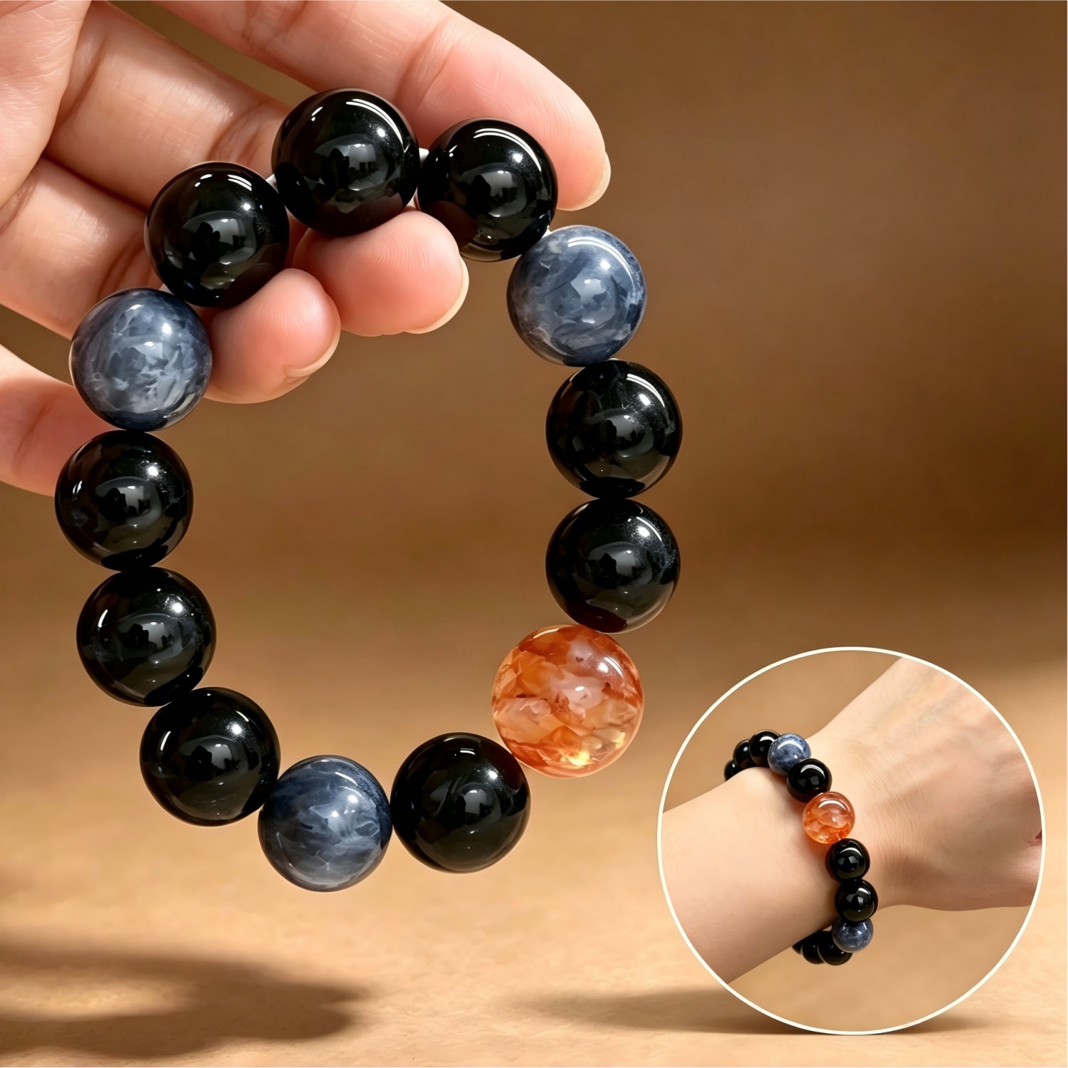 16mm Large Gemstone Beaded Natural Obsidian Red Quartz Stretch Bracelet For Men