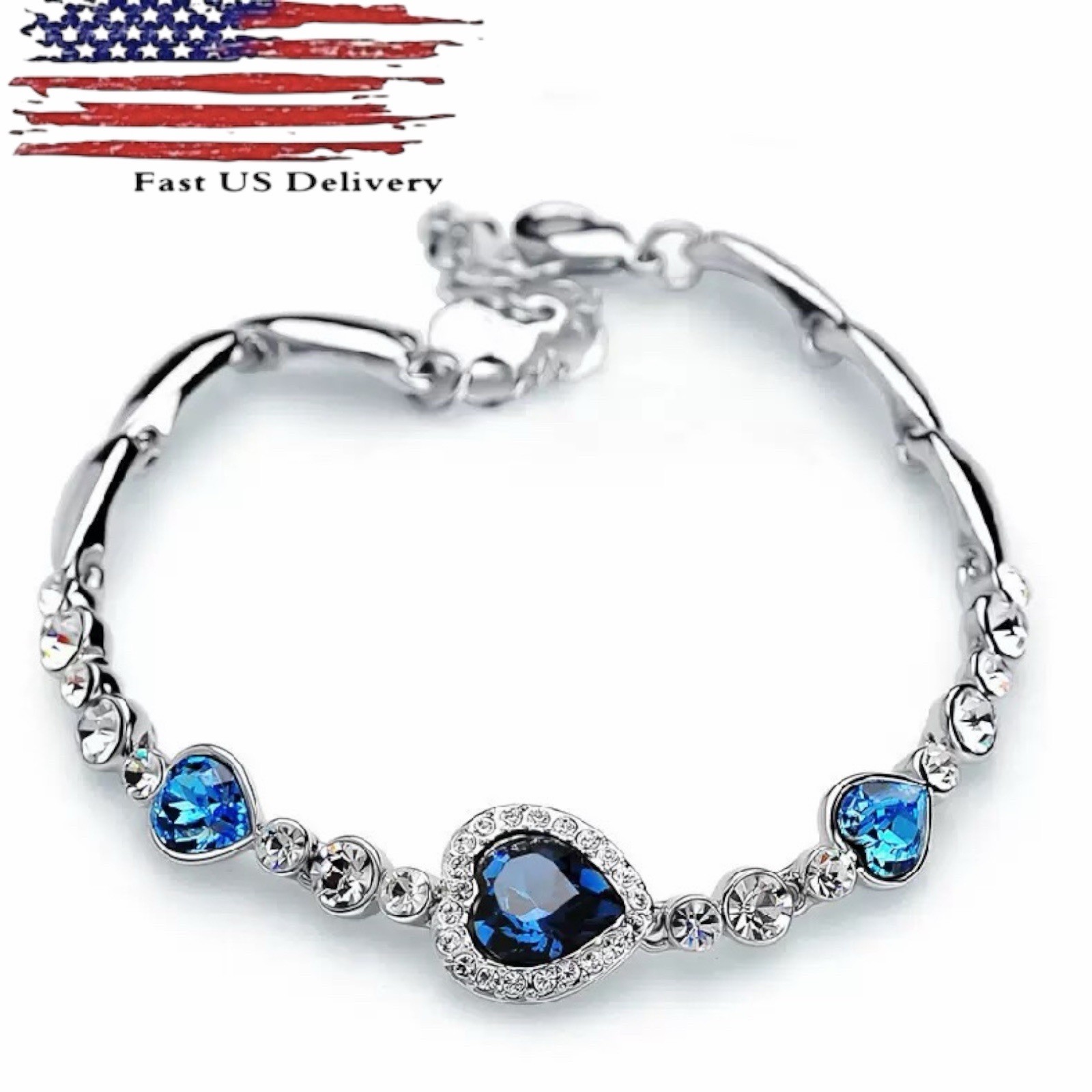 Women Girls Blue Crystal Jewelry Silver Plated Charm Bracelet Bangle A76
