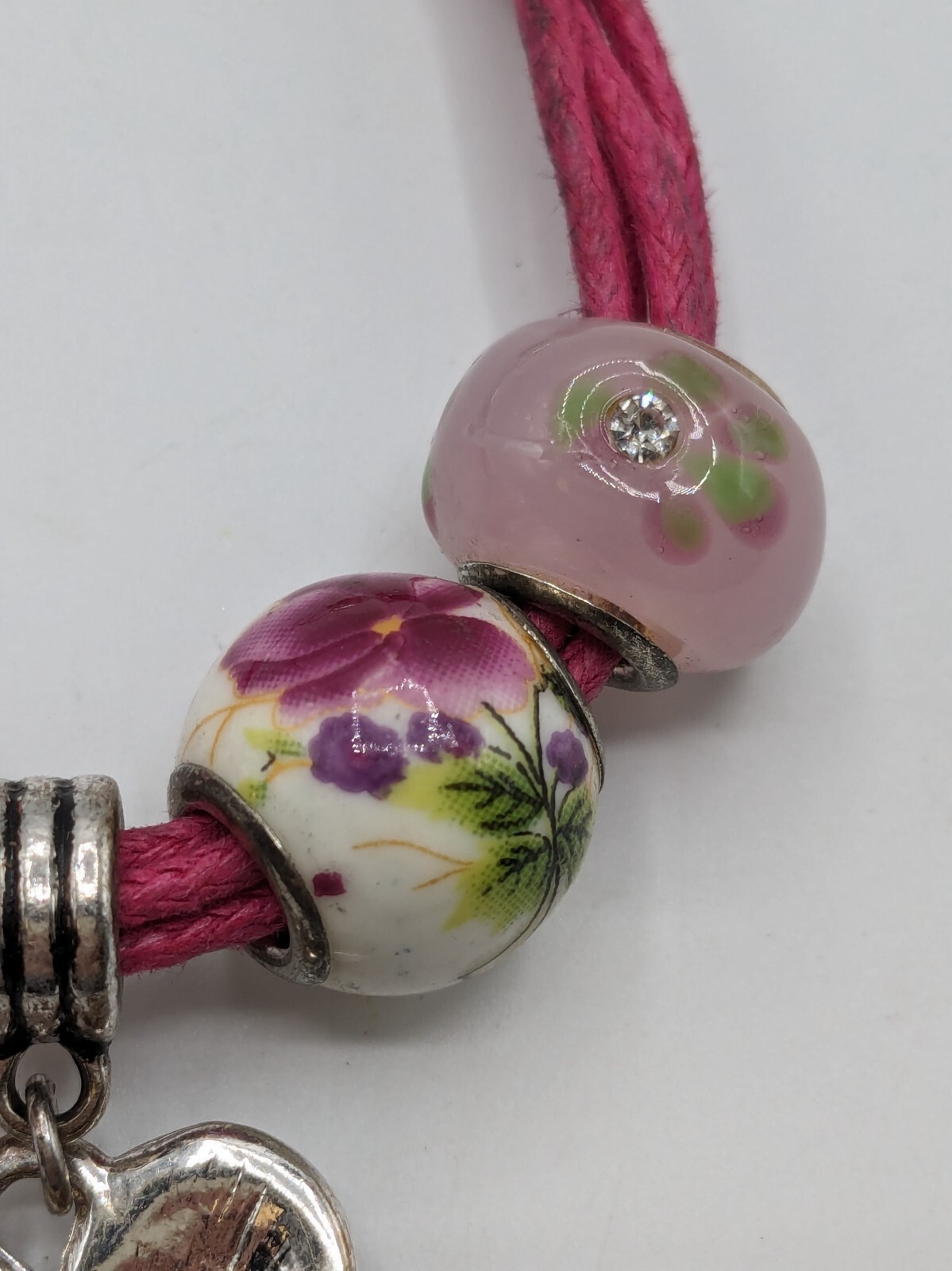 Pink Leather Hear Charm Bracelet Enameled Beads