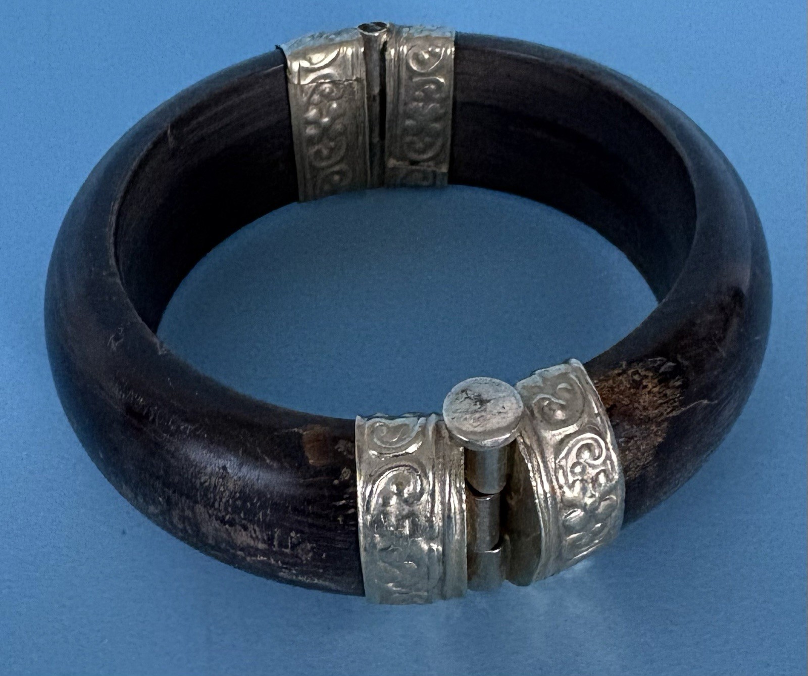 Vintage handmade Double Hinge Black Bangle w/ Silver-Tone Metal Accents