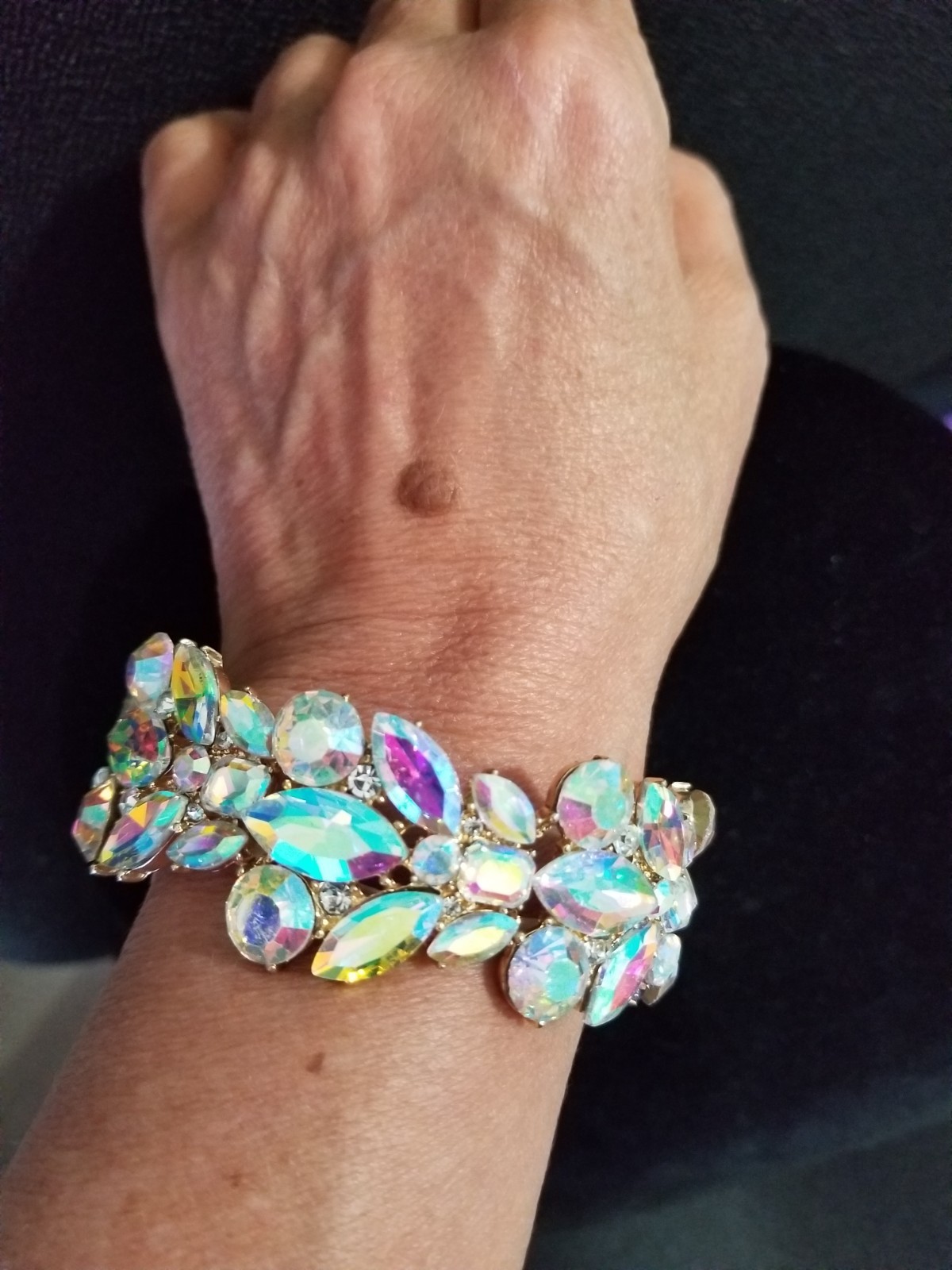 AB Iridescent Gold Rhinestone Stretch Bracelet Crystal Pageant Prom Drag Jewelry