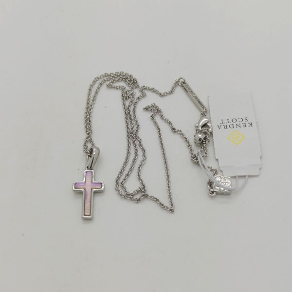 New Kendra Scott Cross Silver Pendant Necklace in Pink Dichroic Glass