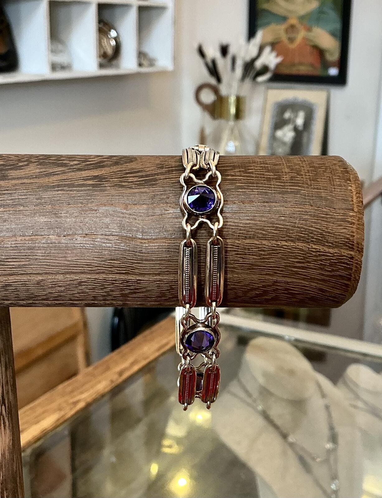 Vintage Art Deco STURDY 12k Gold Filled Sterling Silver Purple Faceted Bracelet