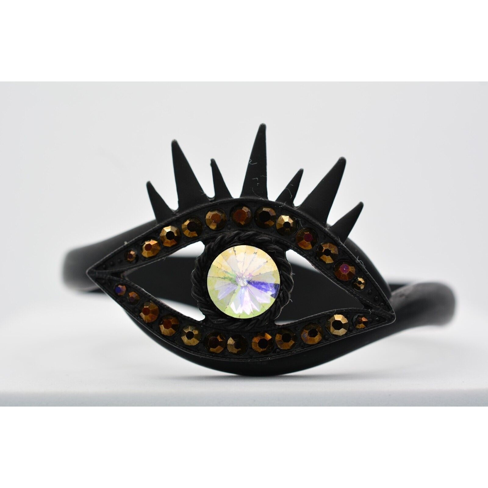 Crystal Eye Bangle Bracelet Black Matte Metal Aurora Borealis Rhinestone Bin7