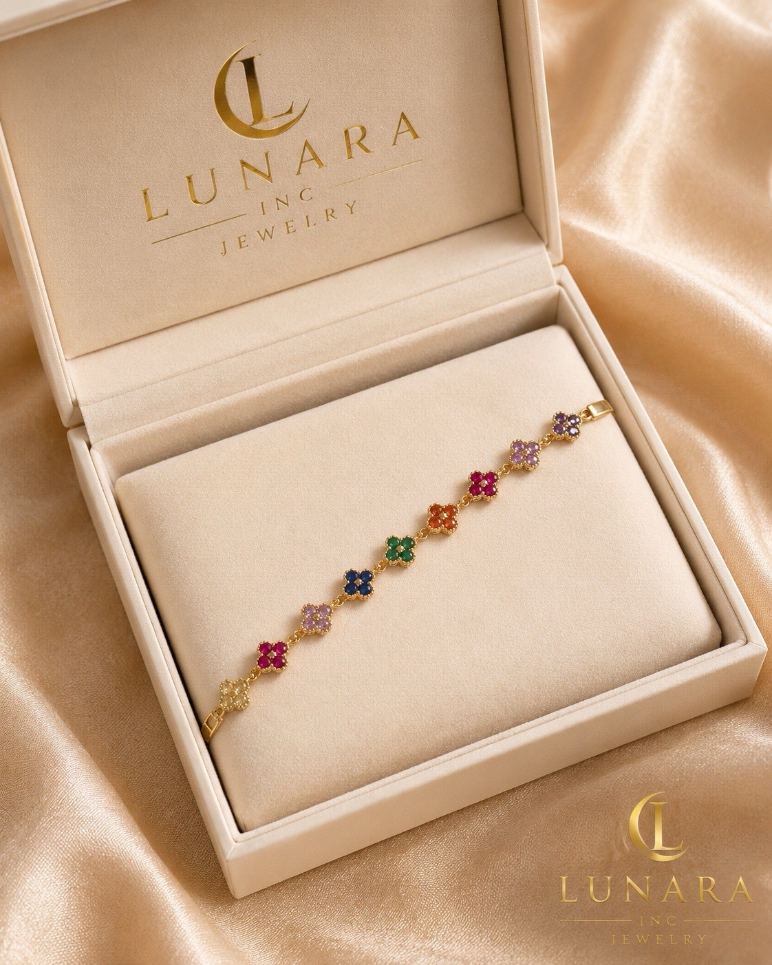 Lunara Gold Tone Multicolor Flower Crystal Tennis Chain Bracelet Lobster
