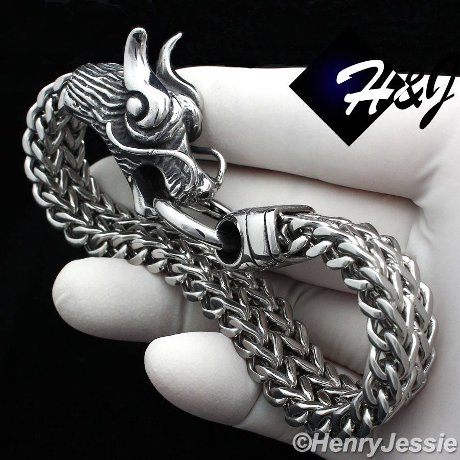 8.5″MEN Stainless Steel Silver/Black Plated Dragon Head Franco Chain Bracelet*78