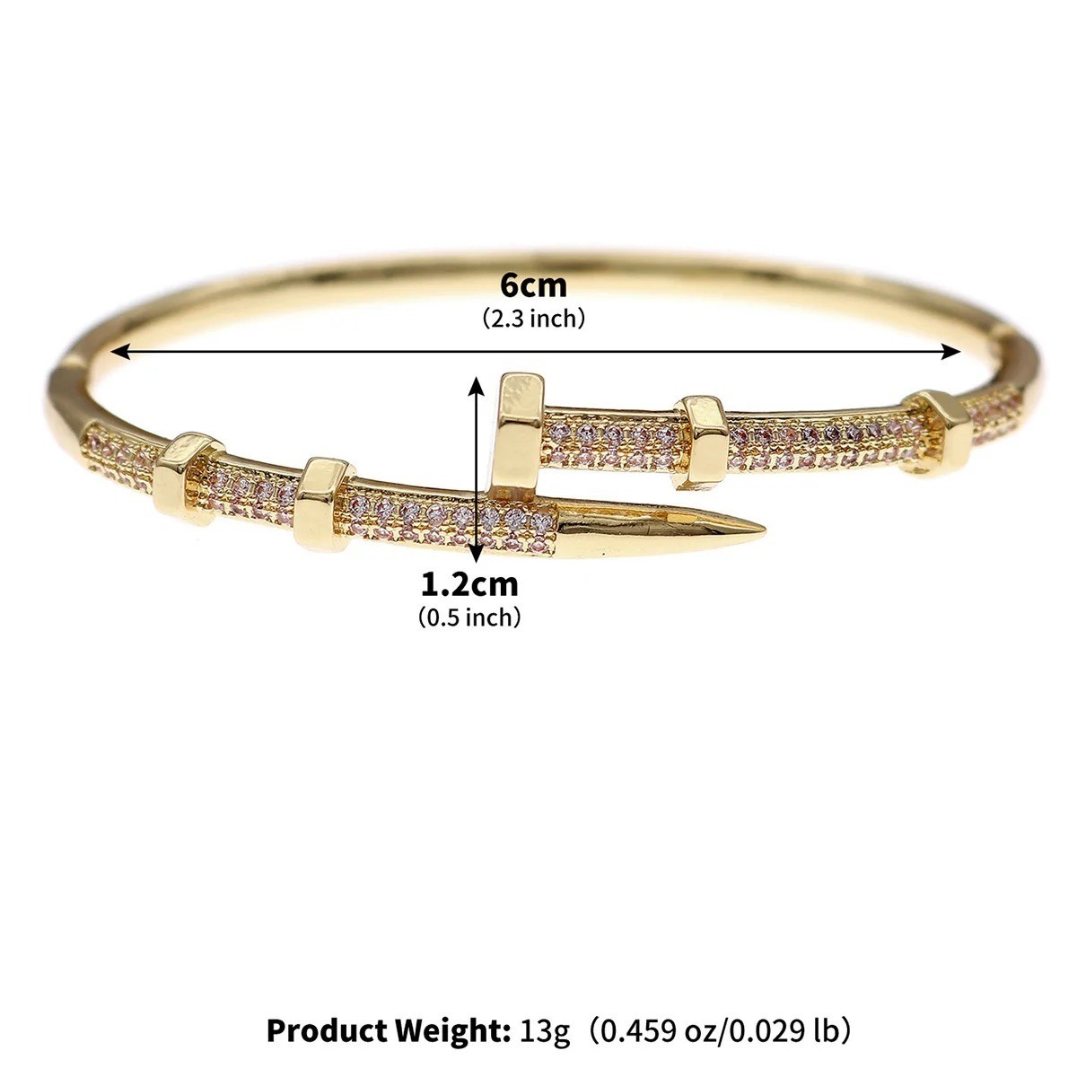 14k Yellow Gold plated Open Nail Bolt Trendy Bracelet AAA quality cubic zirconia