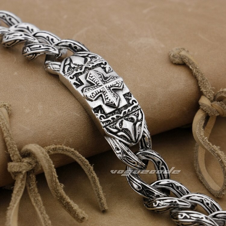 Cuban Link Chain Stainless Steel Cross Bracelet Mens Biker Punk Jewellery 5C016B