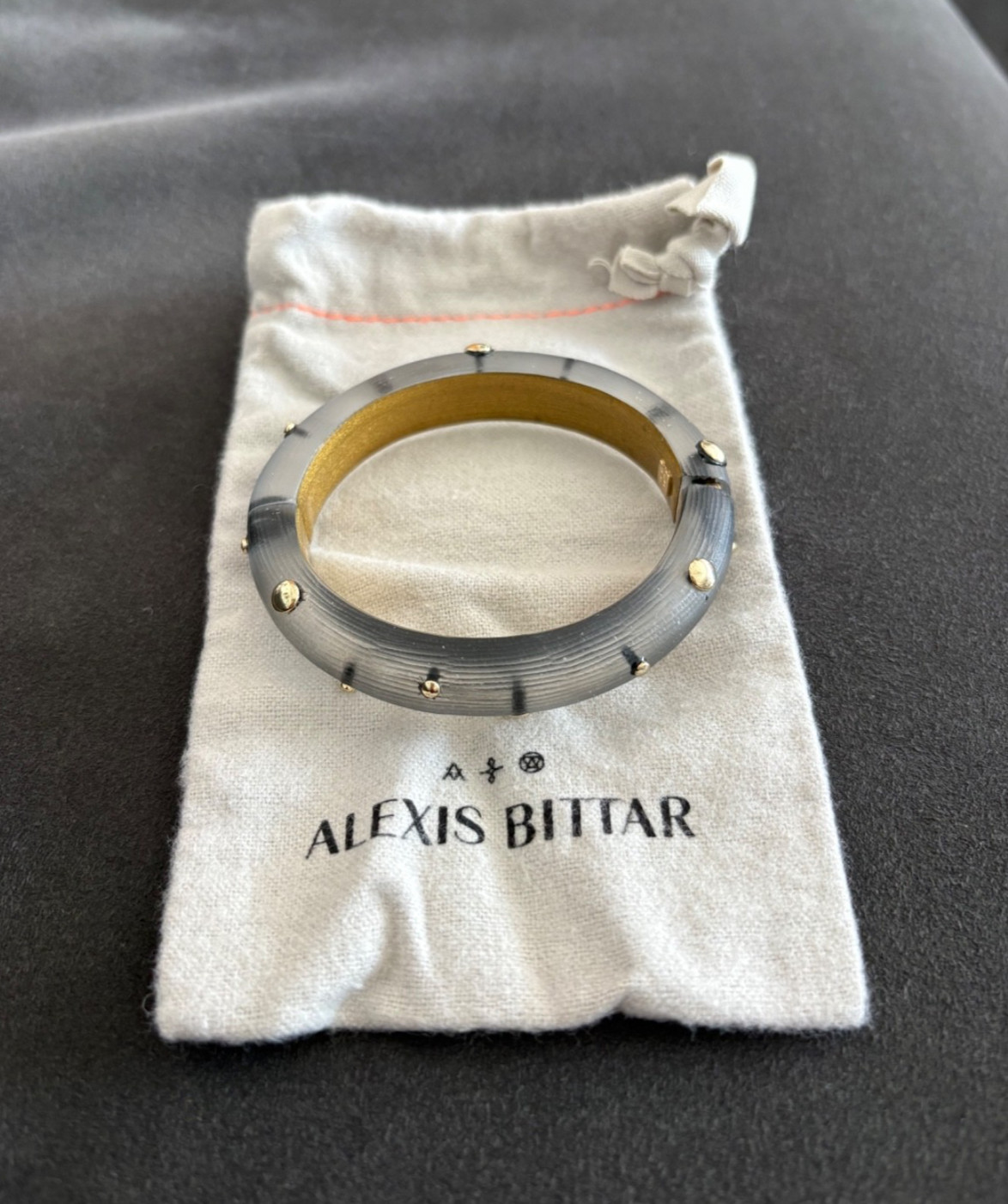 Alexis Bittar Clear/Black Lucite Studded Bangle Gold Rivets Hinged Magnetic New