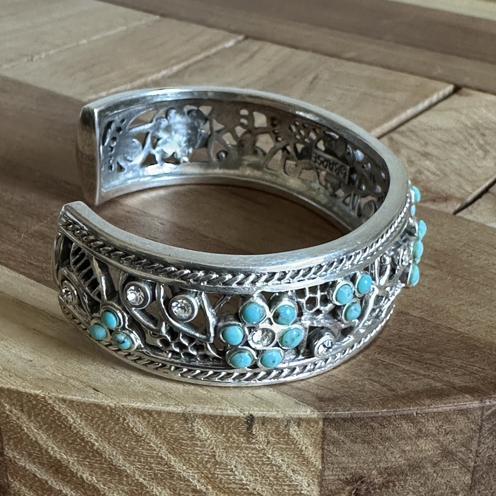 Barse Open Cuff Bracelet 6.5 Inch Turquoise Clear CZ Floral 925 Sterling 53.8g