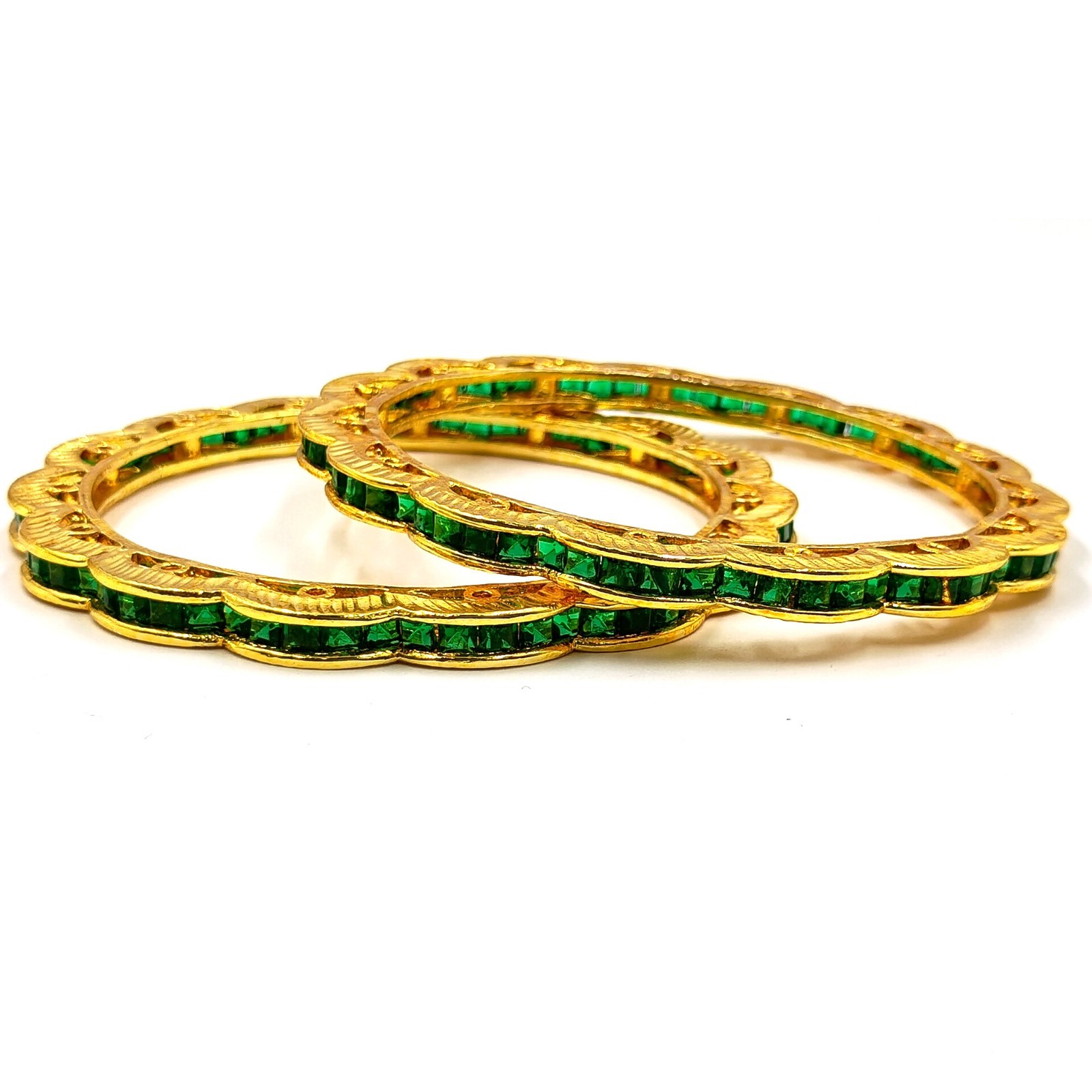 Handcrafted 22K Gold Over Brass Emerald Bangles Set Women Vintage Style Bracelet
