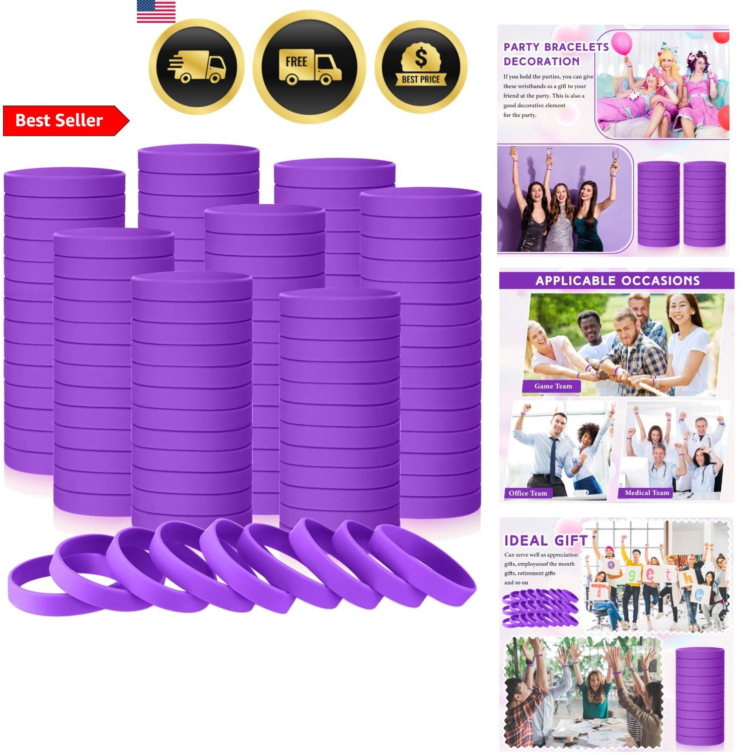 Silicone Rubber Wristbands Bulk for Women Men Purple 100 Pcs Stretchy Bracelets