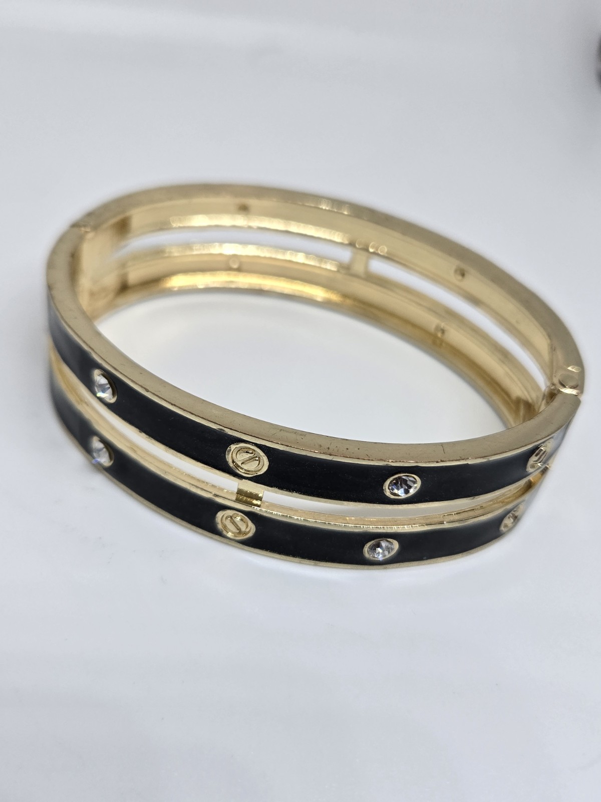 Gold Black Enamel Bangle Bracelet Metal Push Lock Oval Hinged