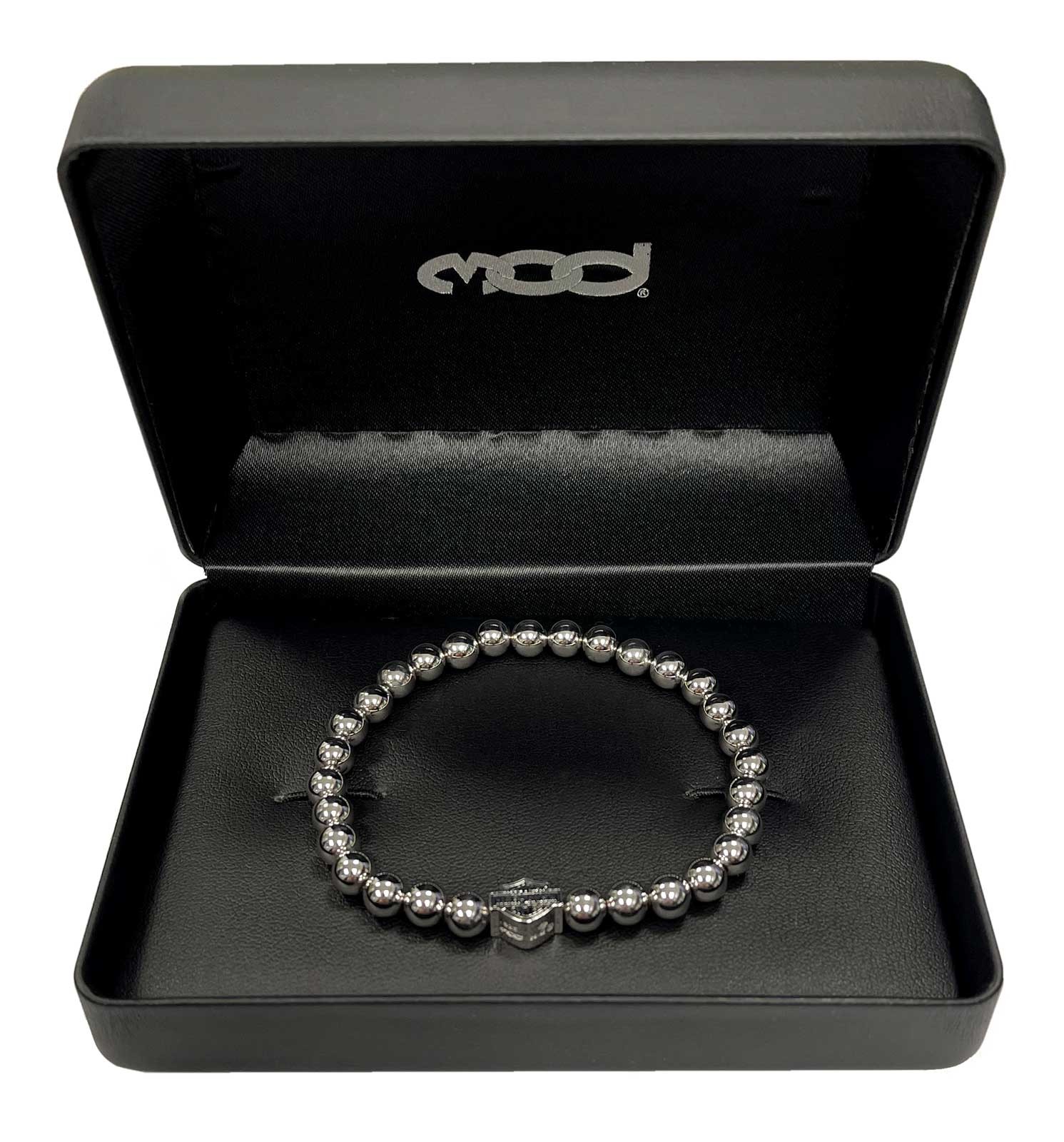 Harley-Davidson Women’s Large Beaded Bar & Shield Stretch Bracelet – Silver
