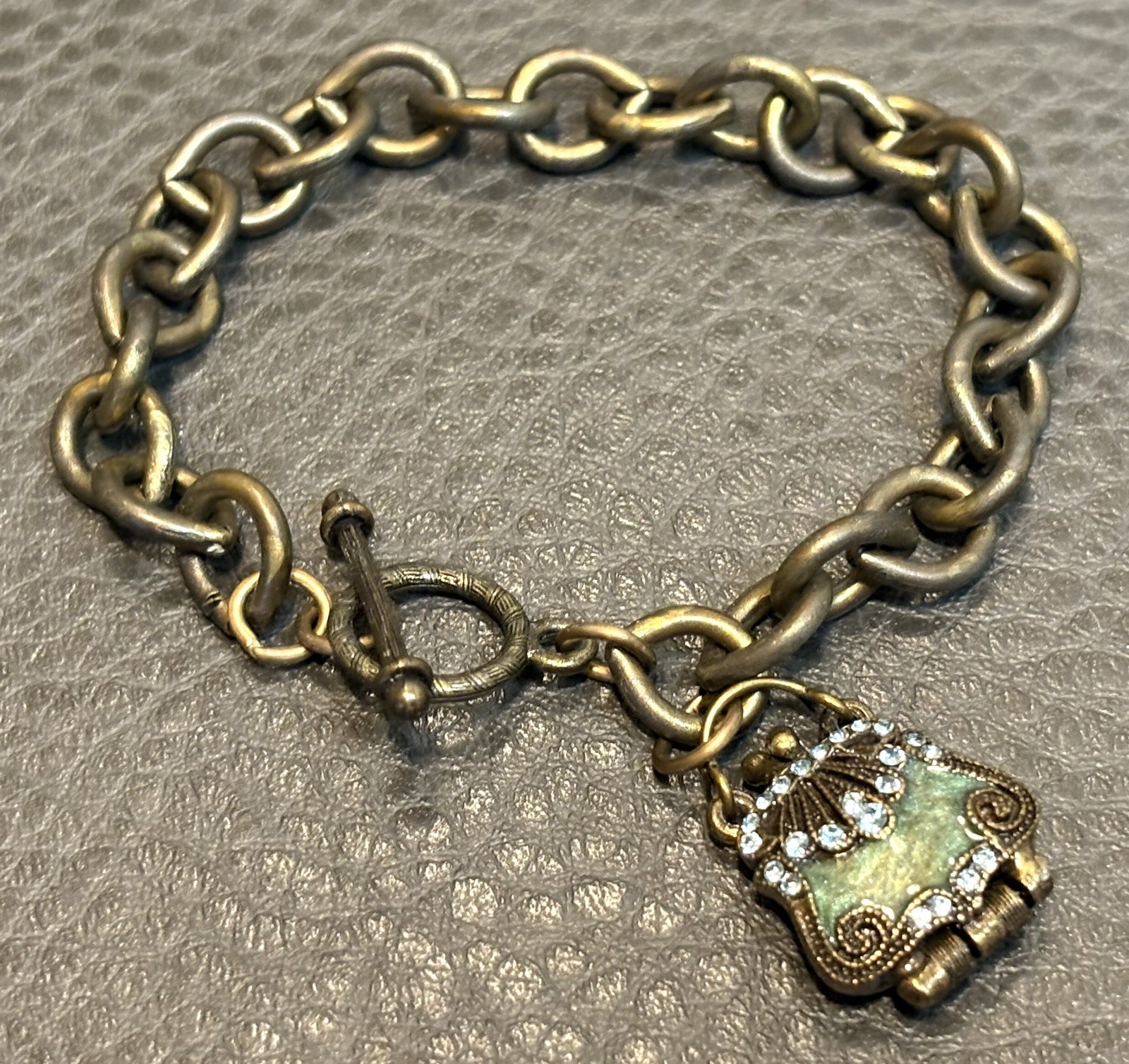 VTG Victorian Style Dark Metal Enamel Purse Rhinestone Locket Charm Bracelet
