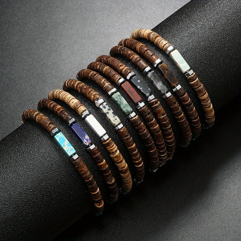 10pcs Boho Ethnic Beaded Bracelet Men Vintage Wooden Charm Stackable Jewelry Set