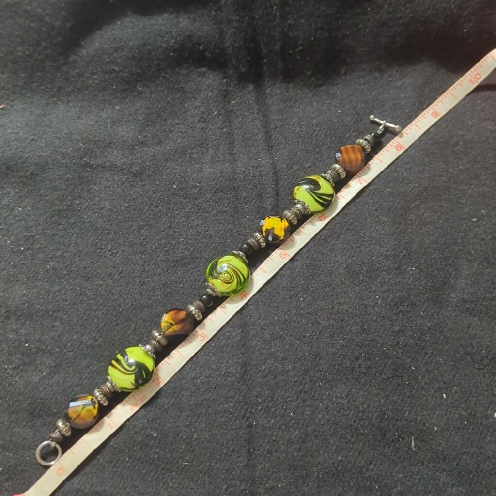 Silver Tone Black Green Orange Brown Swirl Glass Bead Statement Bracelet