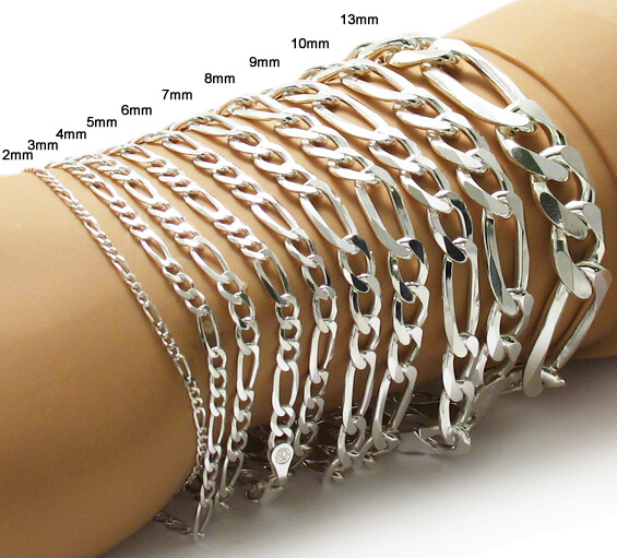 925 Sterling Silver Figaro Link Chain Bracelet (All Widths and Lengths)