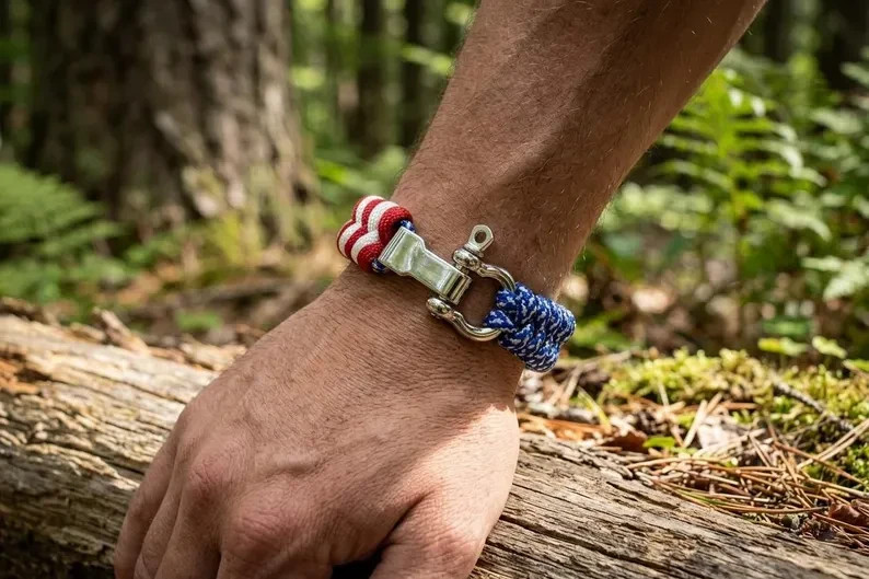 American Flag Bracelet Patriotic USA Woven Paracord Stainless Steel Clasp Men Wo