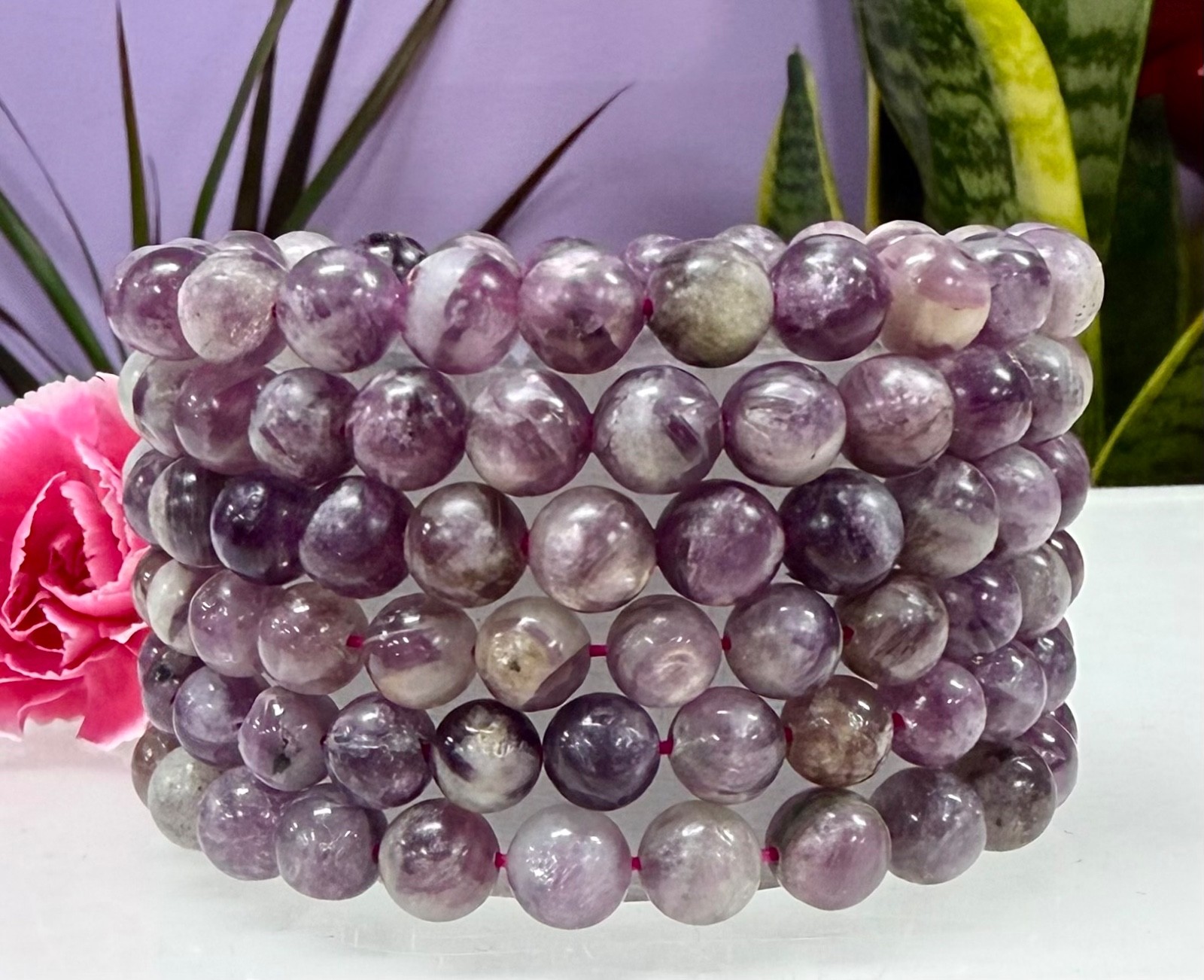 Wholesale Lot 6 Pcs Natural Lepidolite Mica 8mm 7.5” Crystal Stretch Bracelet
