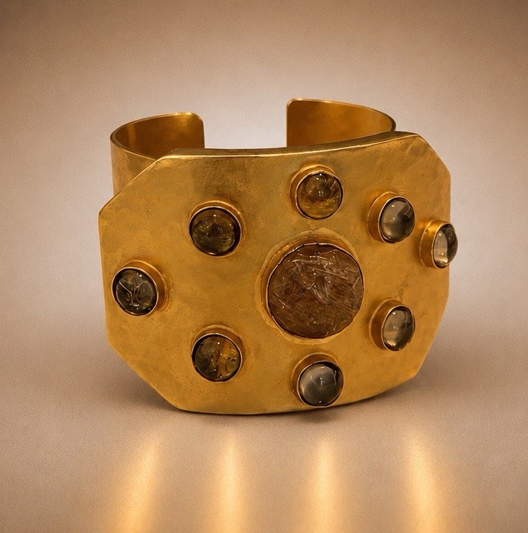 New Stephanie Kantis 24k Gold Plated Hammered Cuff Bracelet W/ Tiger Eye/Topaz