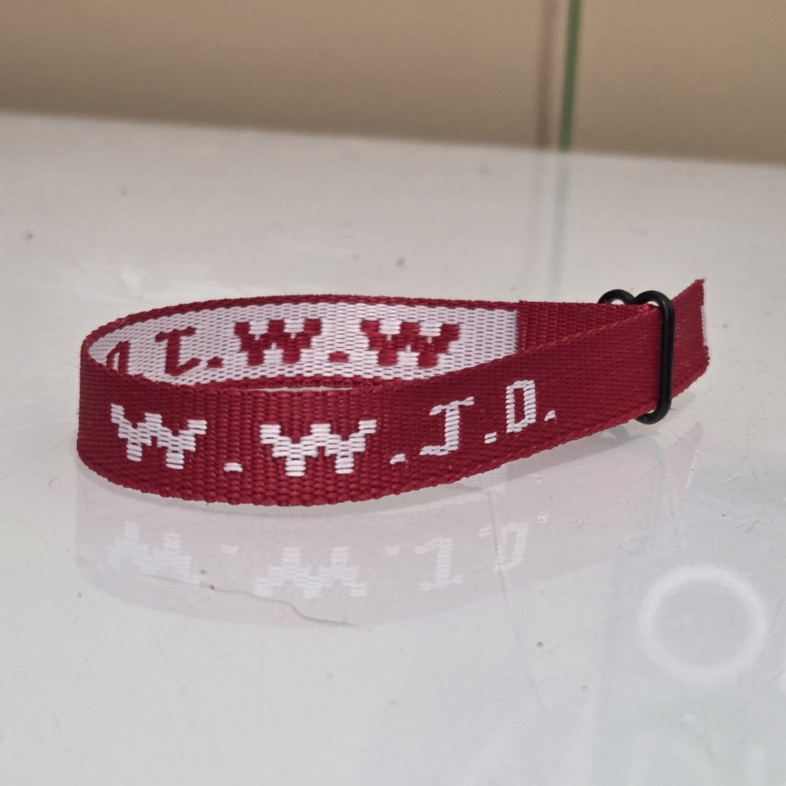 Red & White Fabric Cuff Wristband Bracelet, Adjustable Buckle, L.W.W / W.W.J.D.