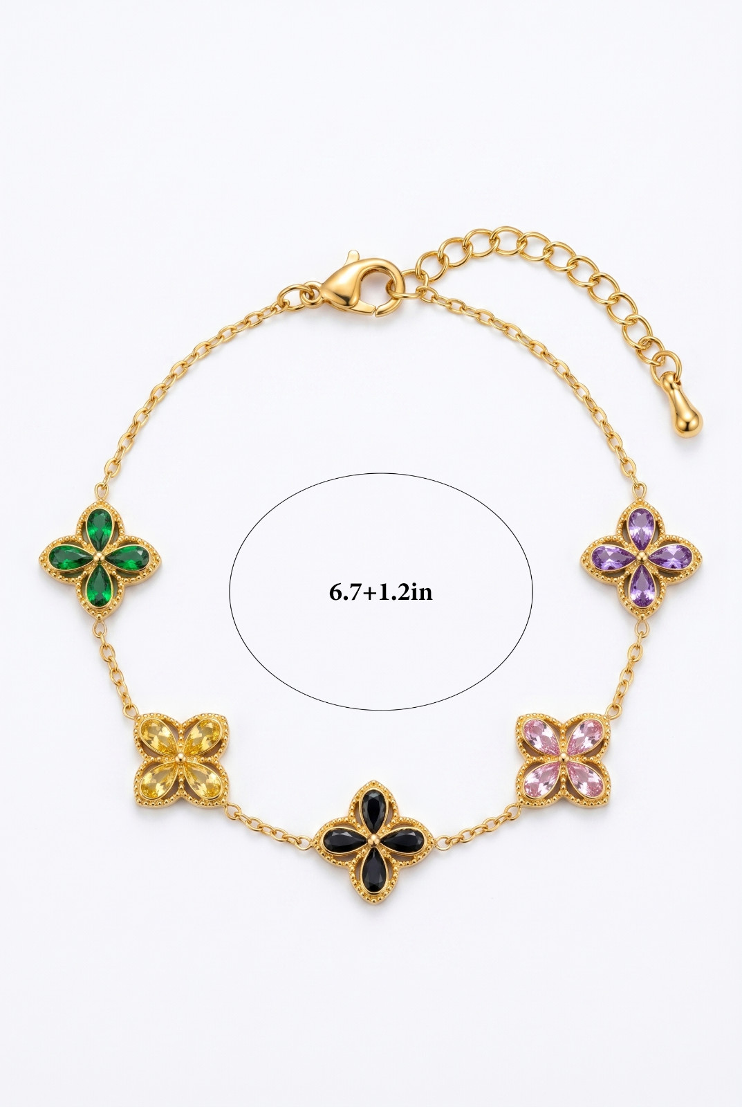 18K Gold Plated Stainless Steel Colorful CZ Flower Clover Link Chain Bracelet