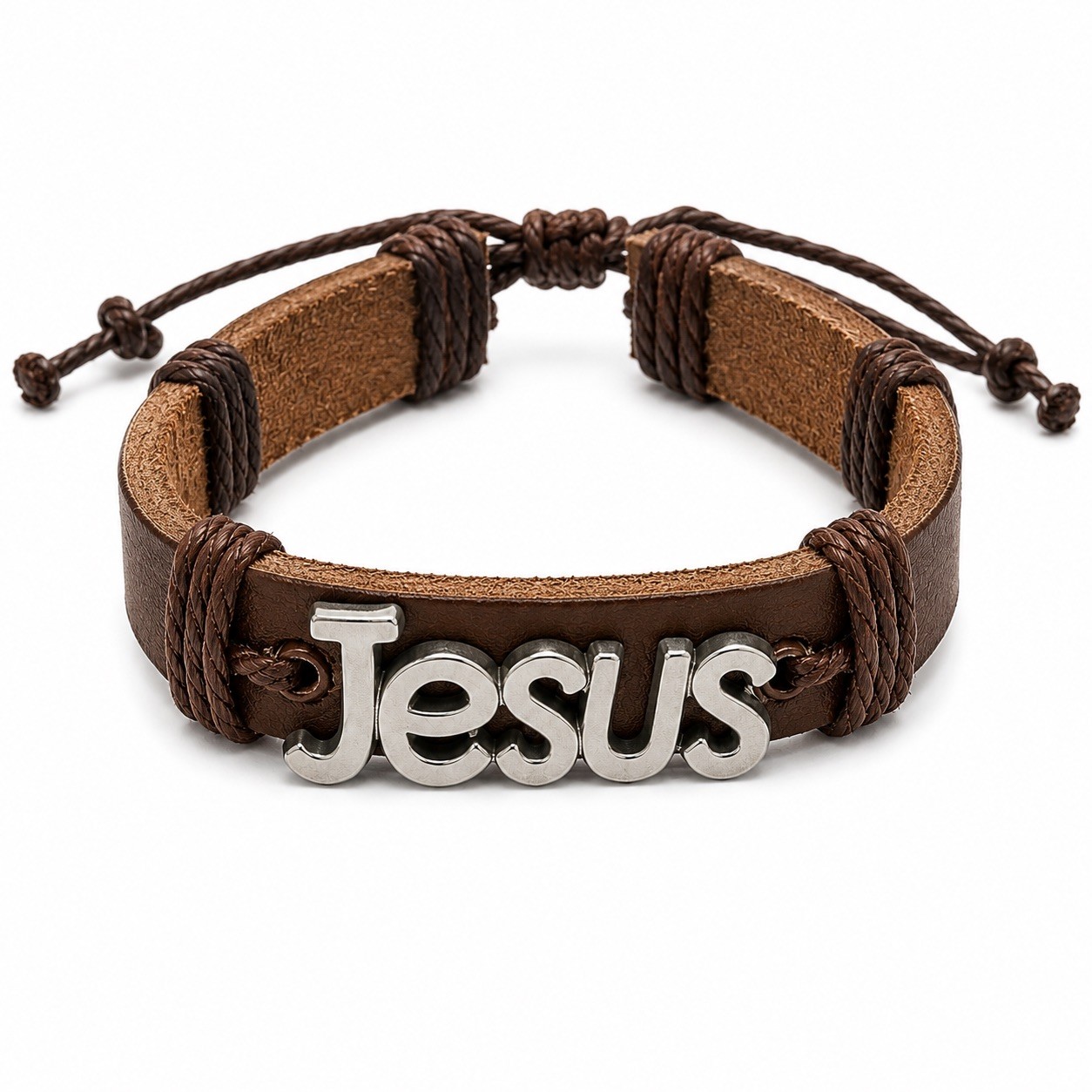 Unisex Jesus Brown Leather Bracelet – Adjustable Christian Faith Bracelet, New