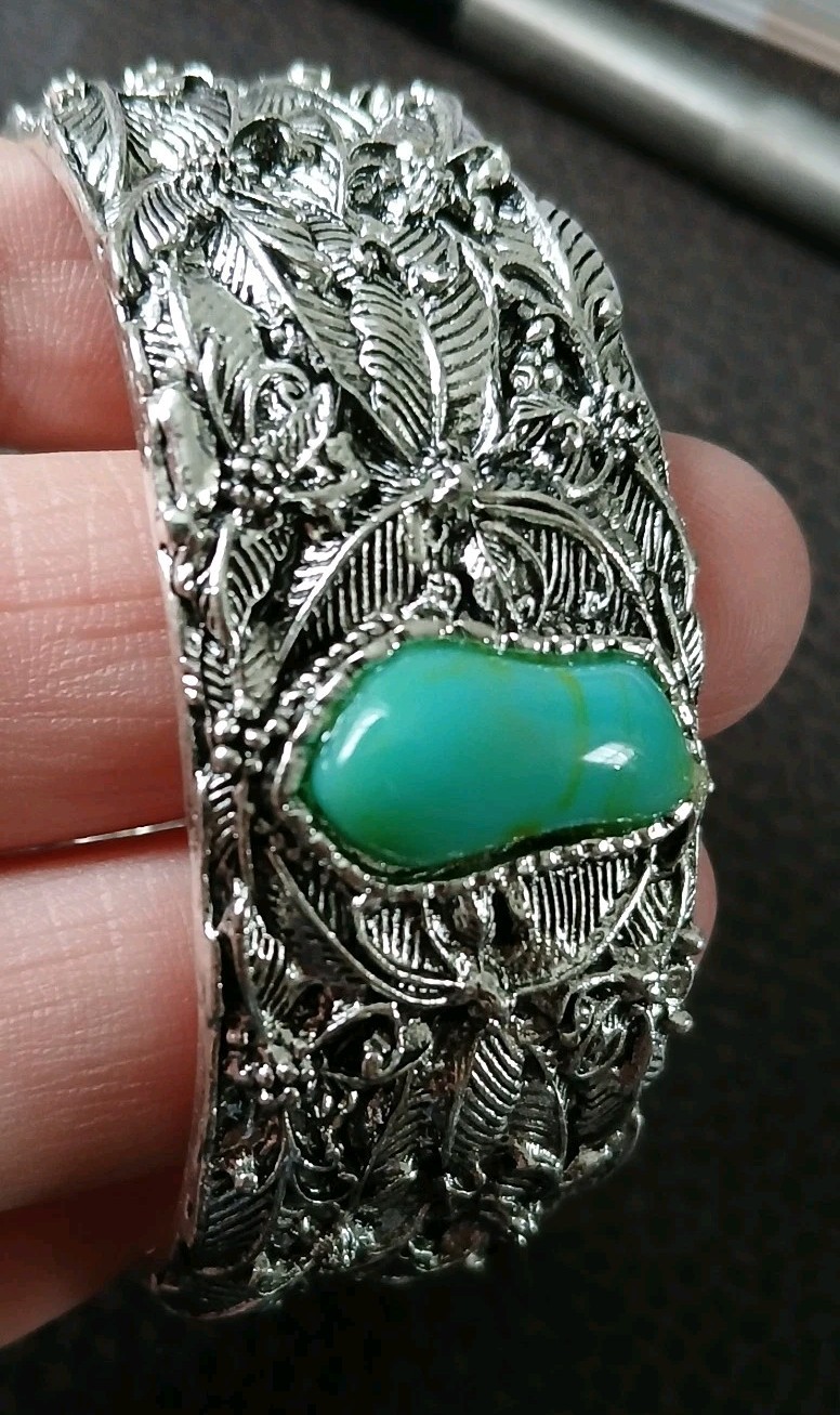 Contemporary Cuff Bracelet Resin Blue Green Bezel Cabochon